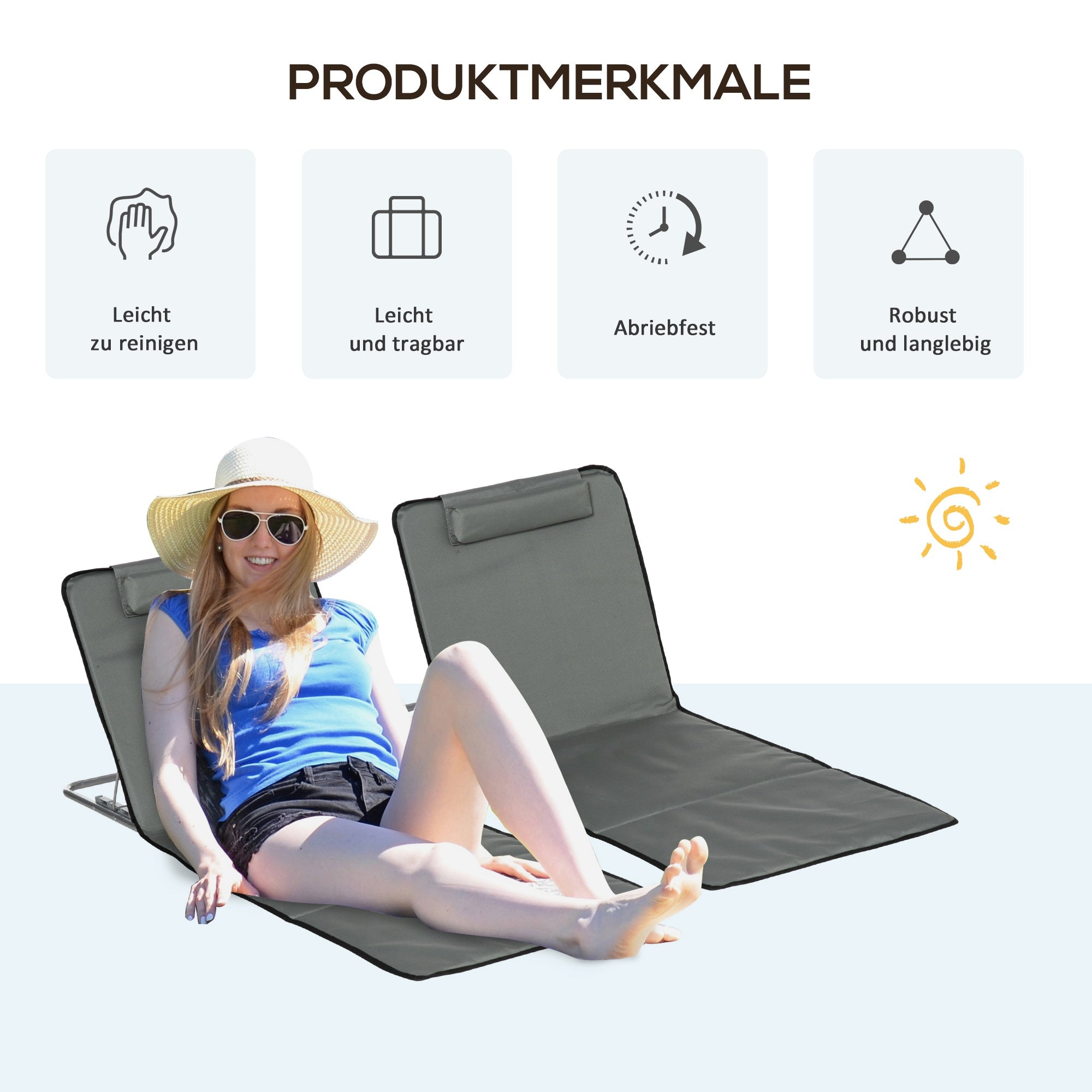 Set of 2 Folding Sun Loungers Beach Chairs with Adjustable Backrest Headrest Carrying Bag Light Portable Beach Mat, Outdoor Sun Mat for Garden, Pool 124 x 53 cm