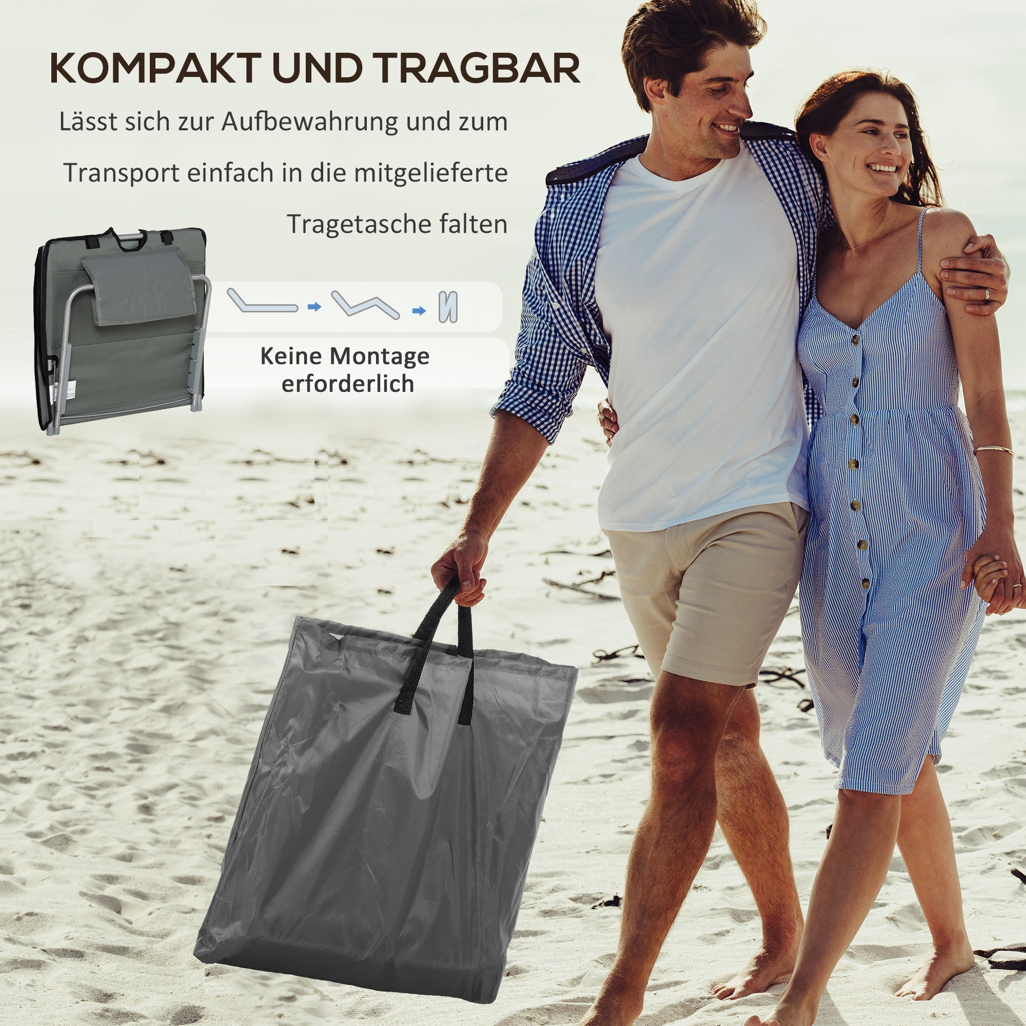 Set of 2 Folding Sun Loungers Beach Chairs with Adjustable Backrest Headrest Carrying Bag Light Portable Beach Mat, Outdoor Sun Mat for Garden, Pool 124 x 53 cm