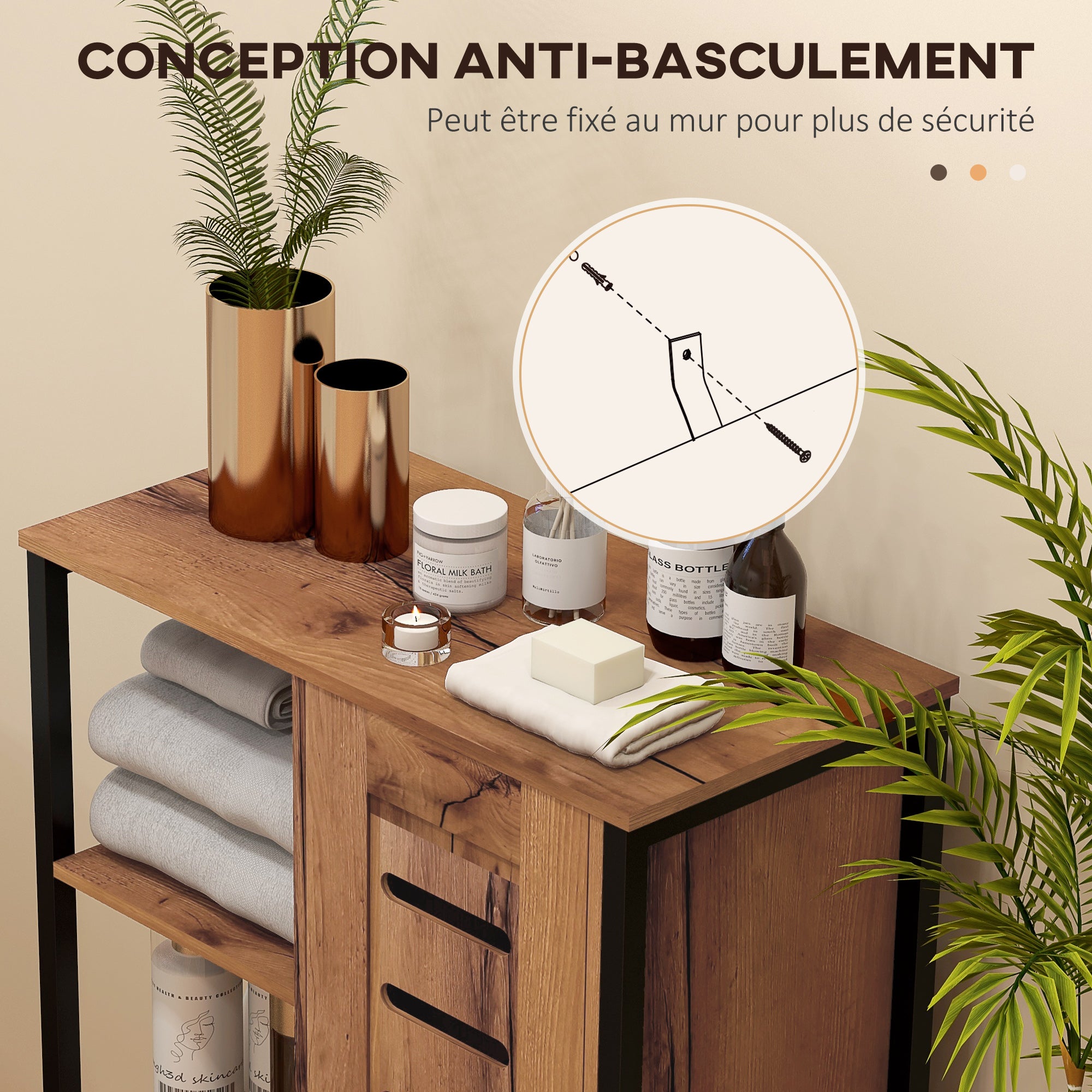 Industrial Design Bathroom Furniture, Steel Structure, 3 Open Shelves, 2-Level Cabinet, Slat Door, 60 x 30 x 85 cm, Rustic Brown