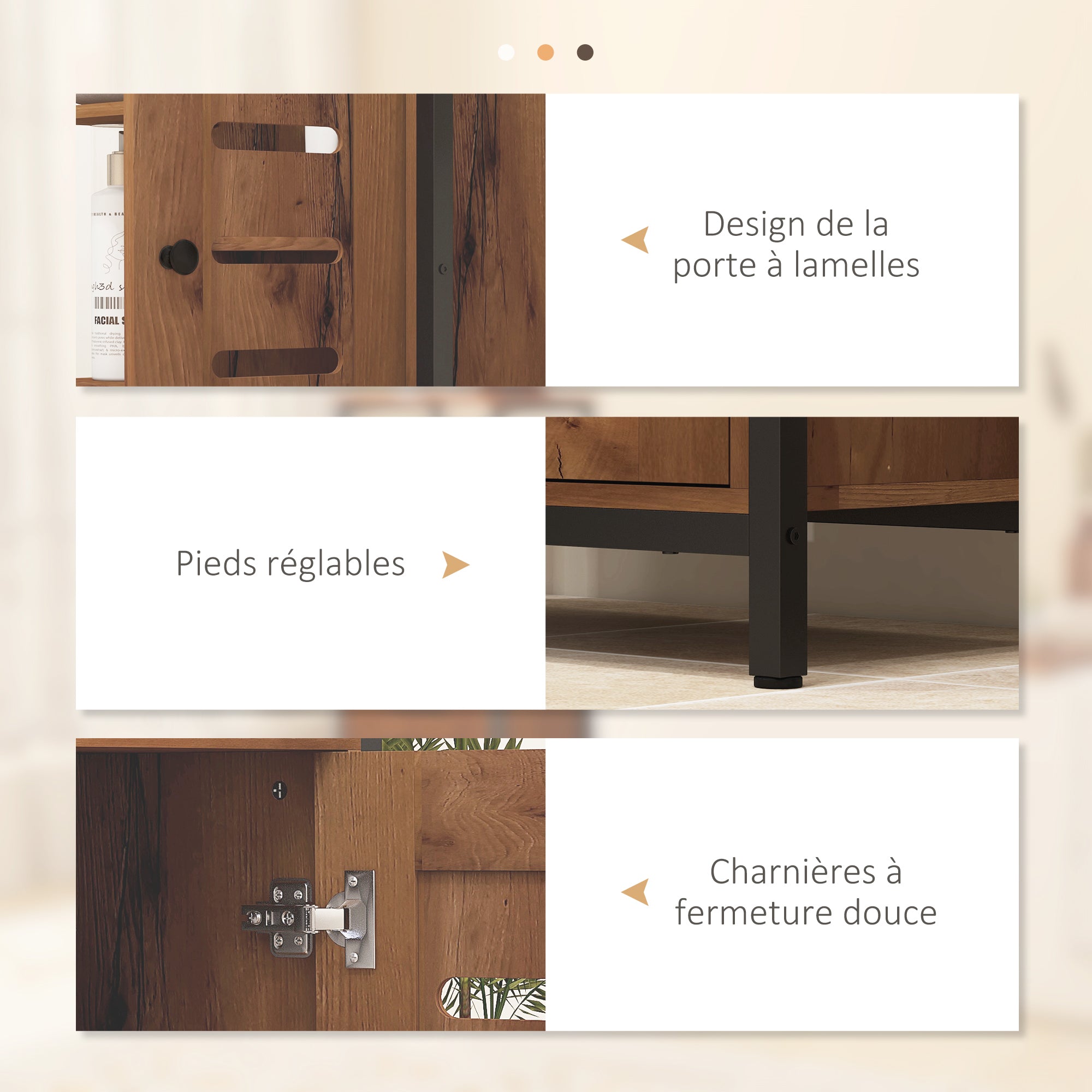 Industrial Design Bathroom Furniture, Steel Structure, 3 Open Shelves, 2-Level Cabinet, Slat Door, 60 x 30 x 85 cm, Rustic Brown