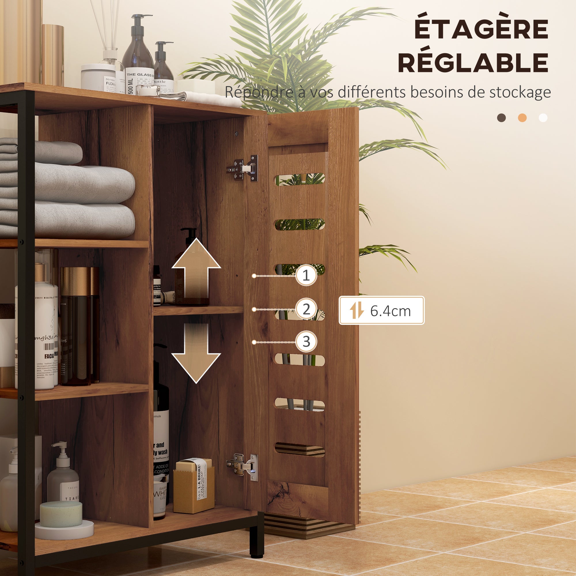Industrial Design Bathroom Furniture, Steel Structure, 3 Open Shelves, 2-Level Cabinet, Slat Door, 60 x 30 x 85 cm, Rustic Brown
