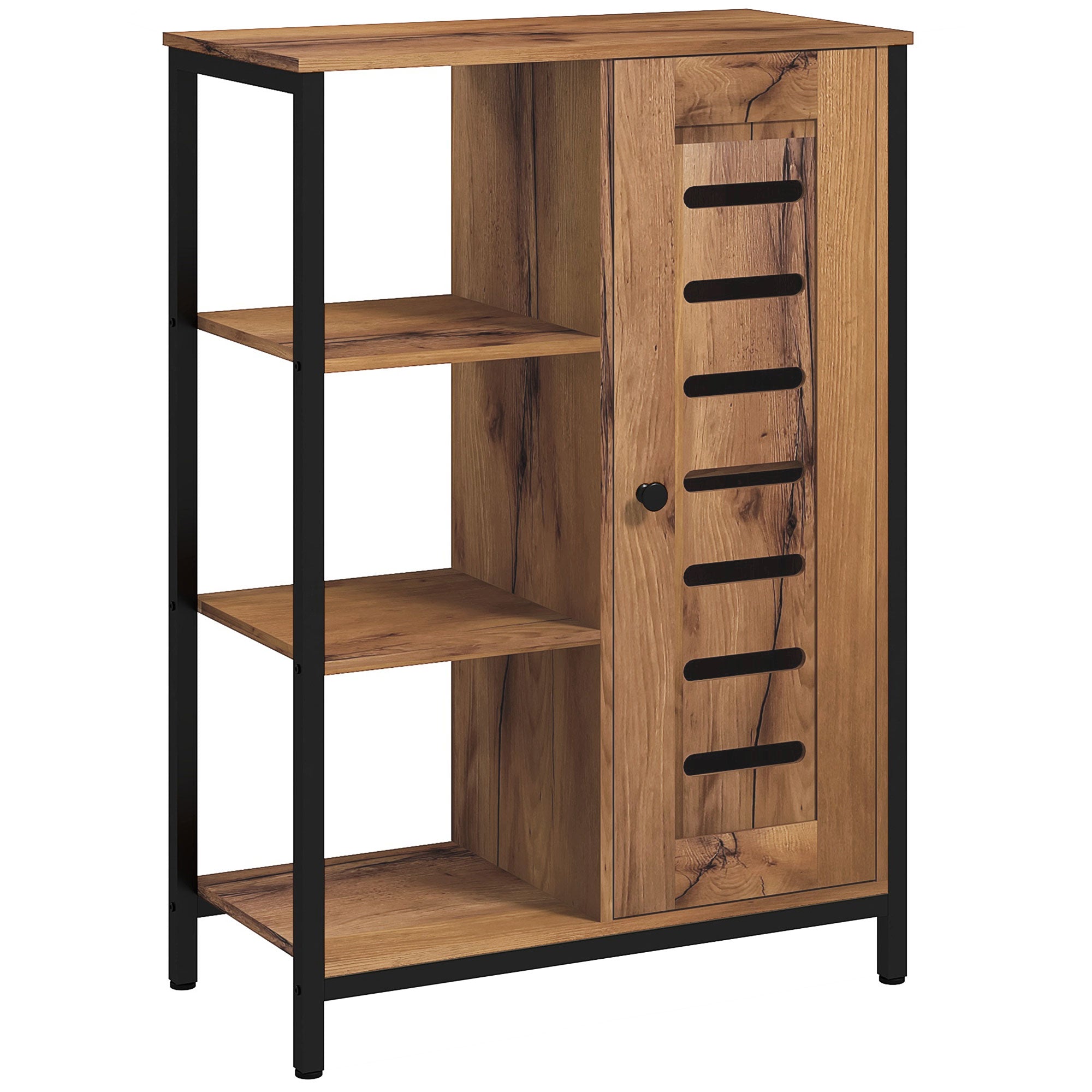 Industrial Design Bathroom Furniture, Steel Structure, 3 Open Shelves, 2-Level Cabinet, Slat Door, 60 x 30 x 85 cm, Rustic Brown