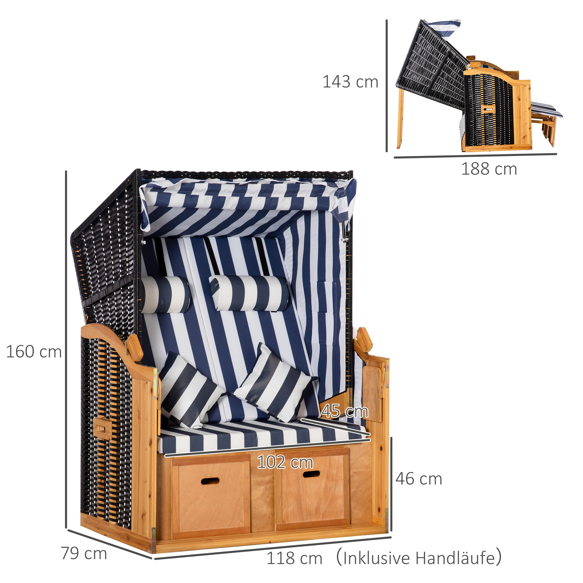 Baltic Sea Full Reclining Beach Chair for 2 People Made of Pine Wood, 5-Position Adjustable Backrest, Beach Chair with Footrest Side Tables, PE Rattan, Beach Chair for Balcony, Blue+White