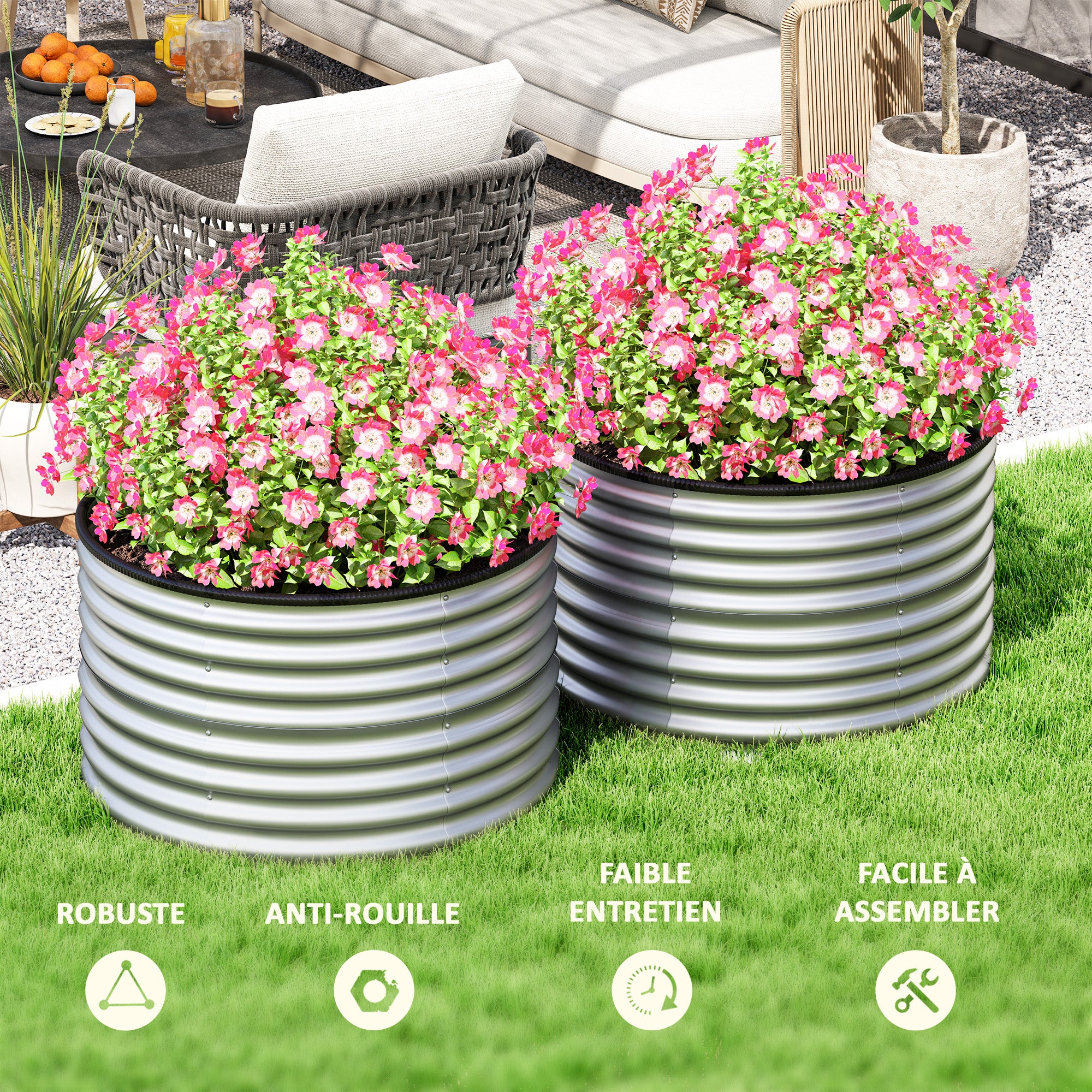 Set of 2 Raised Planters Elevated Round Planter Kit Open Bottom Rubber Joints Galvanized Steel Silver