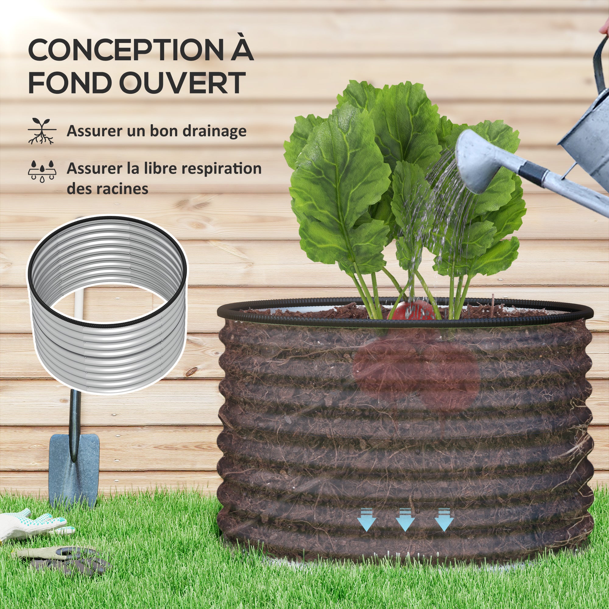 Set of 2 Raised Planters Elevated Round Planter Kit Open Bottom Rubber Joints Galvanized Steel Silver