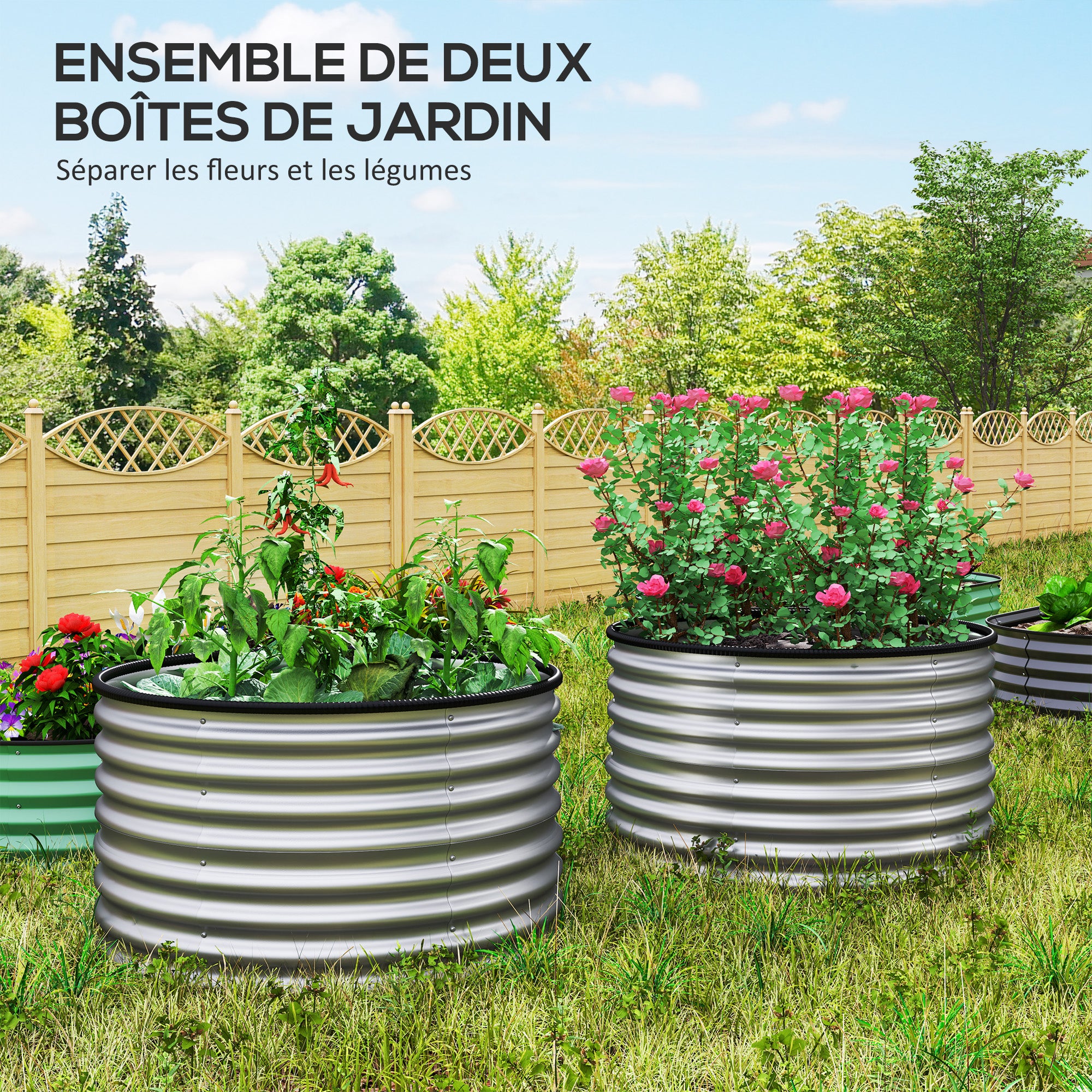 Set of 2 Raised Planters Elevated Round Planter Kit Open Bottom Rubber Joints Galvanized Steel Silver