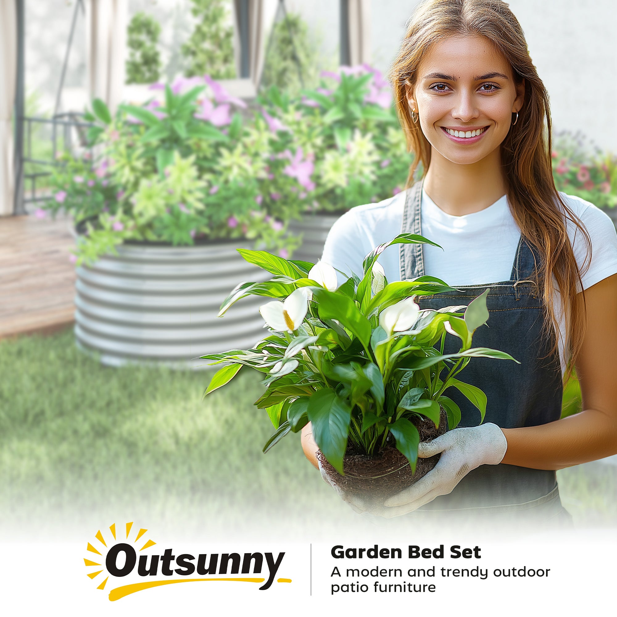 Set of 2 Raised Planters Elevated Round Planter Kit Open Bottom Rubber Joints Galvanized Steel Silver