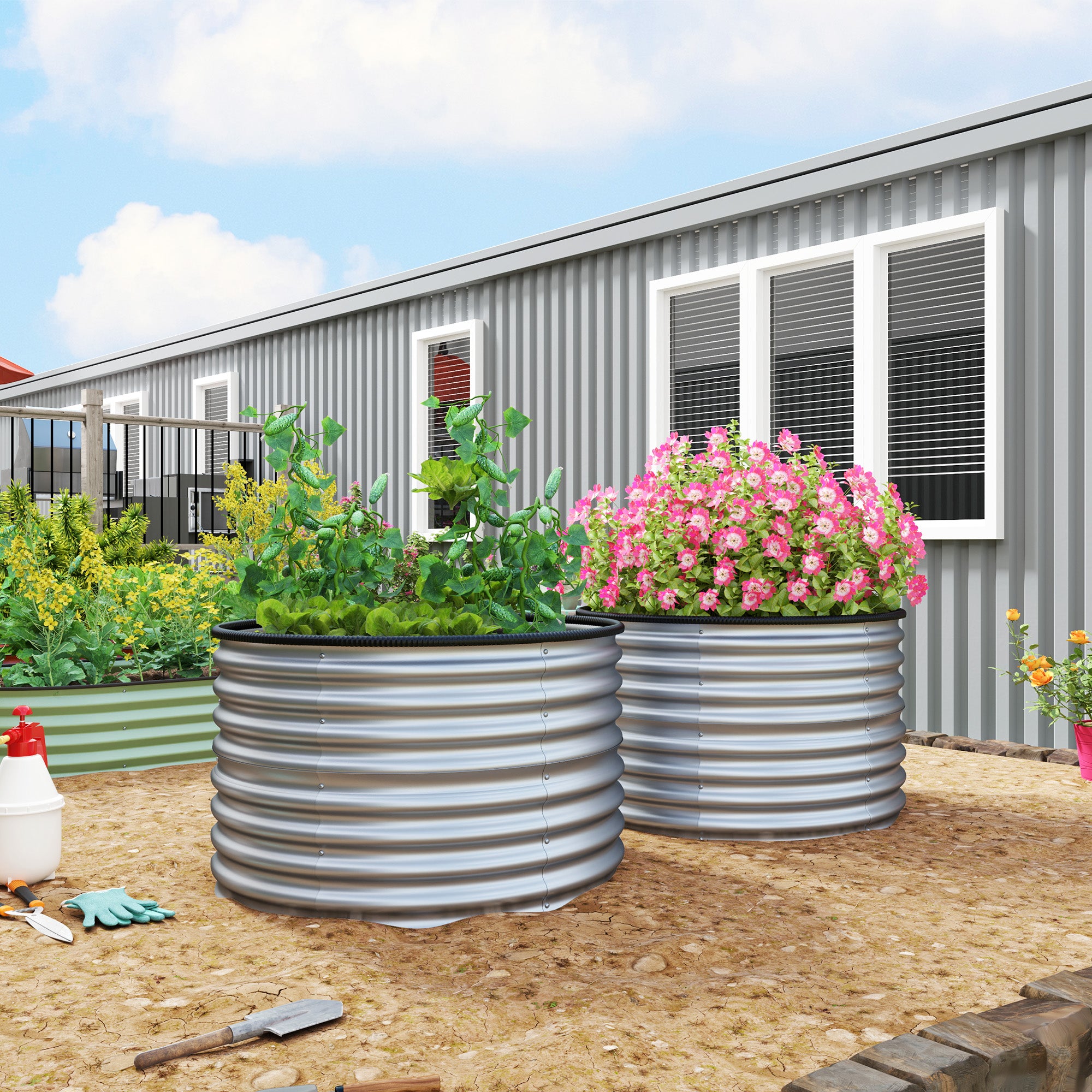 Set of 2 Raised Planters Elevated Round Planter Kit Open Bottom Rubber Joints Galvanized Steel Silver