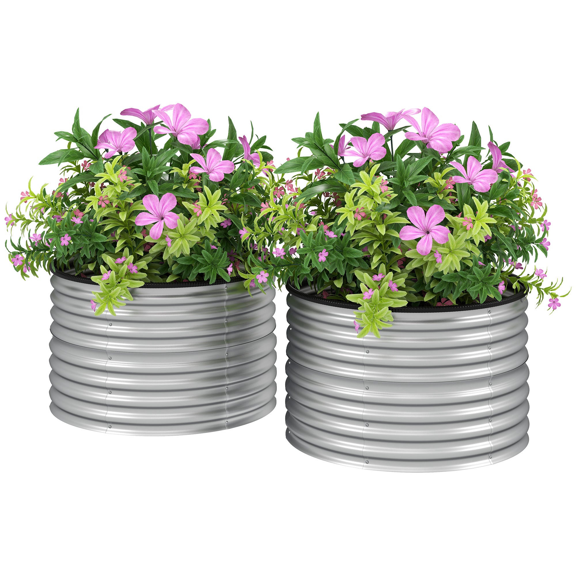 Set of 2 Raised Planters Elevated Round Planter Kit Open Bottom Rubber Joints Galvanized Steel Silver
