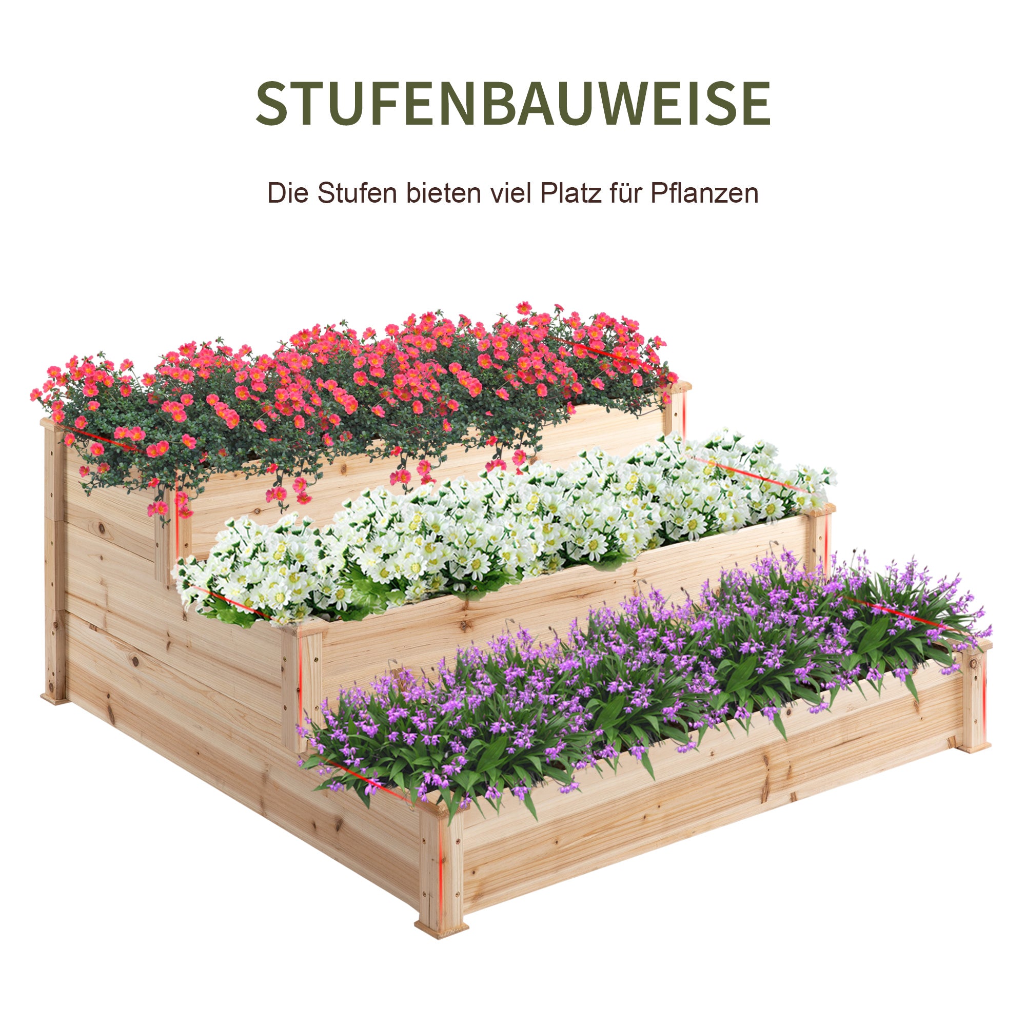 Raised Bed 3-Tier Garden Planter Herb Planter Flower Staircase for Balcony Garden Natural Pine Wood 120 x 120 x 56 cm
