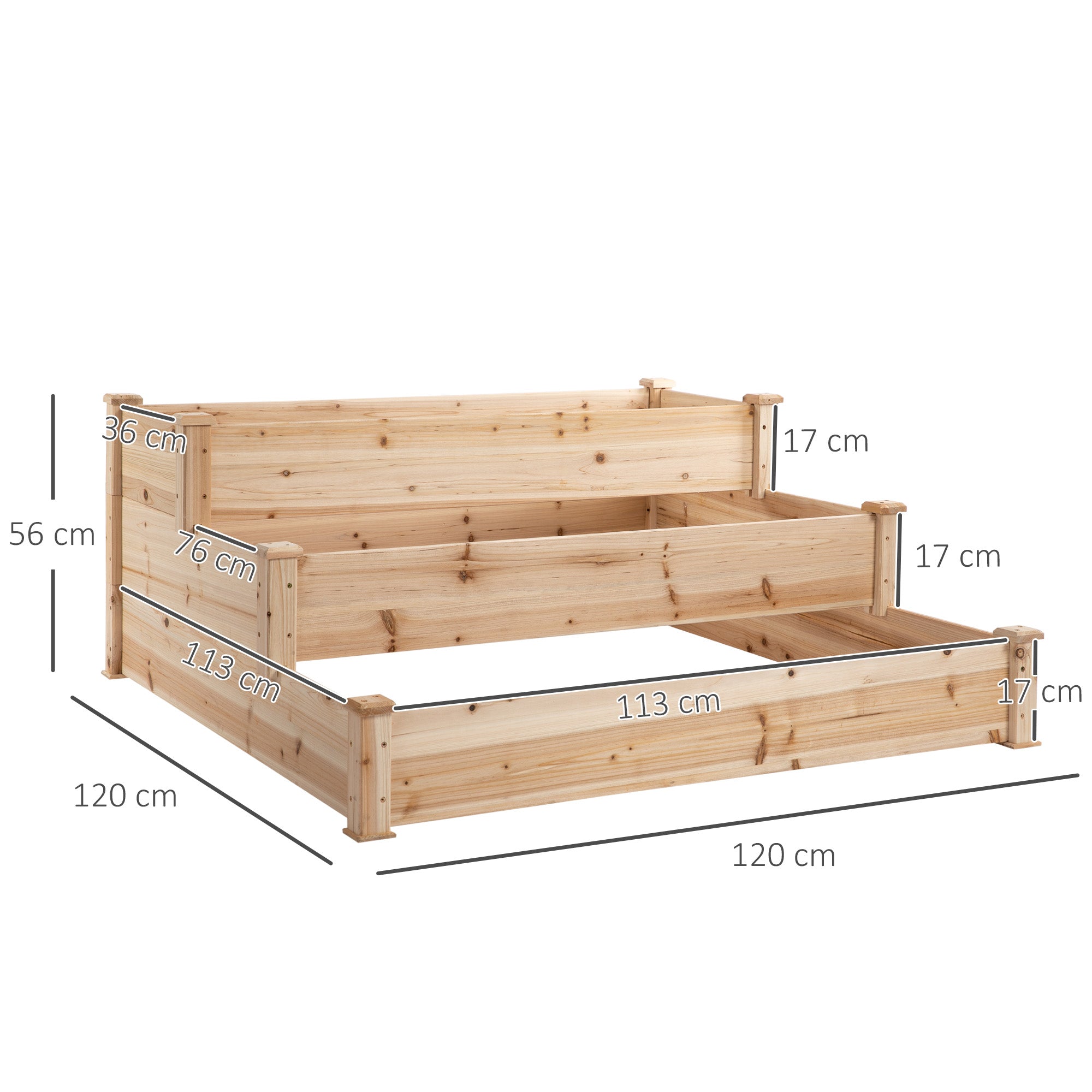 Raised Bed 3-Tier Garden Planter Herb Planter Flower Staircase for Balcony Garden Natural Pine Wood 120 x 120 x 56 cm