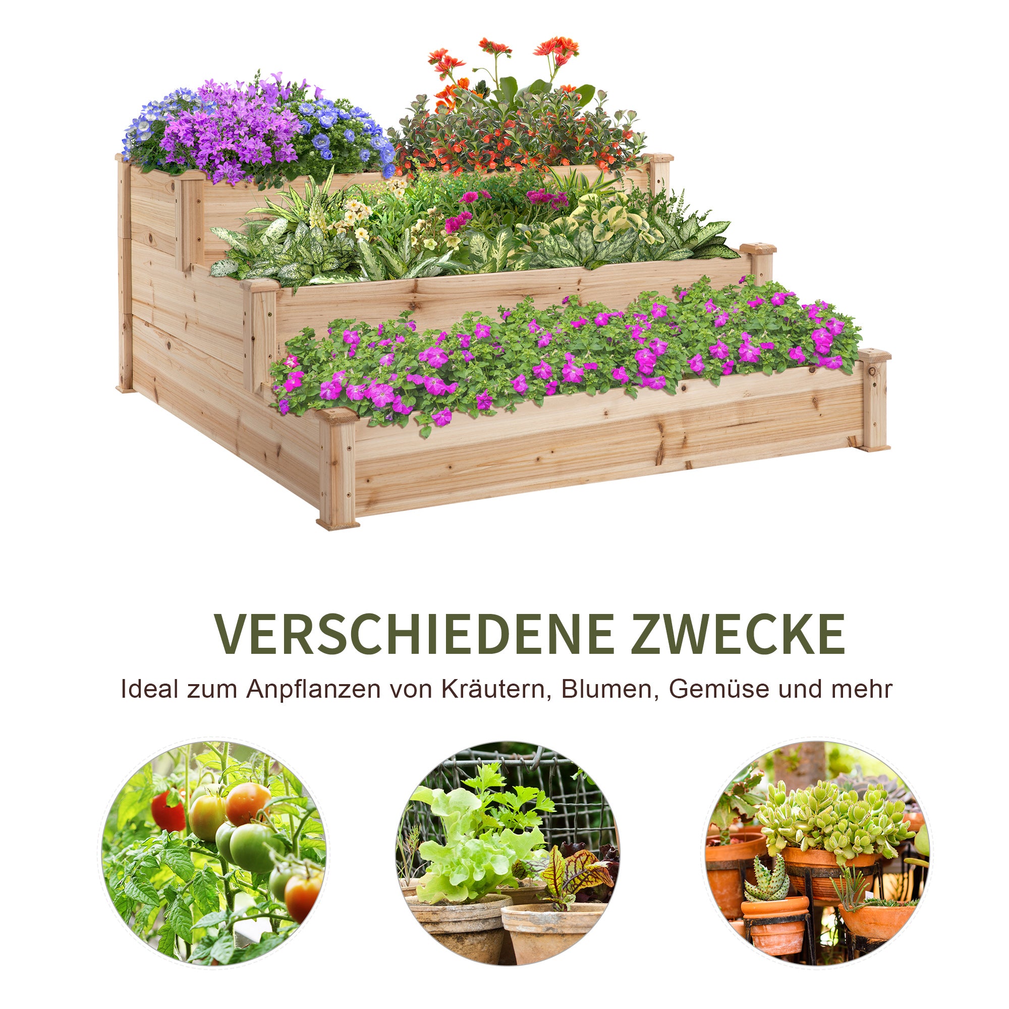 Raised Bed 3-Tier Garden Planter Herb Planter Flower Staircase for Balcony Garden Natural Pine Wood 120 x 120 x 56 cm