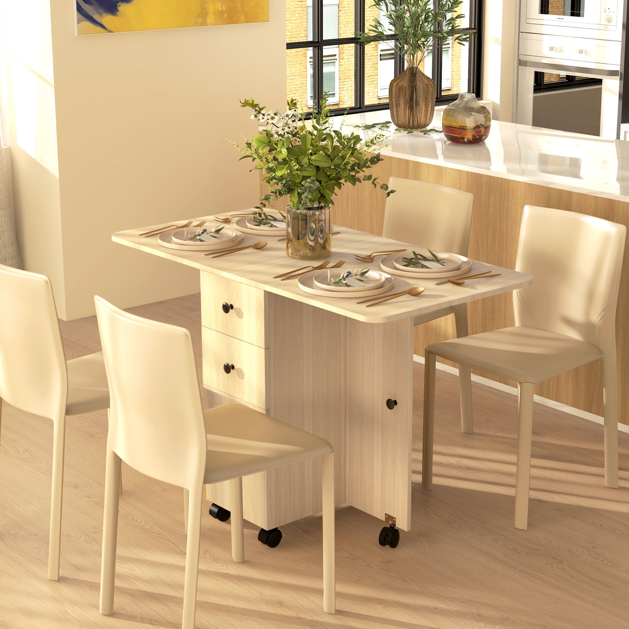 Folding Dining Table Kitchen Table with Wheels Foldable Wings Drawers and Cabinet for 4-6 People 120x60x76.5 cm Natural