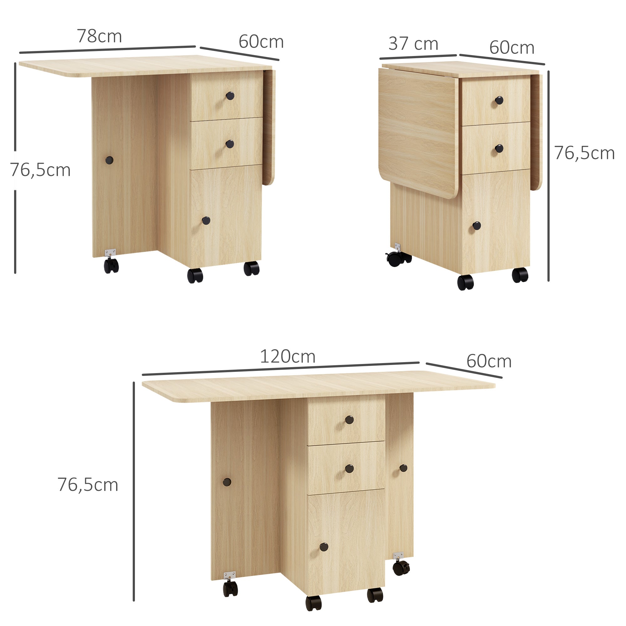 Folding Dining Table Kitchen Table with Wheels Foldable Wings Drawers and Cabinet for 4-6 People 120x60x76.5 cm Natural