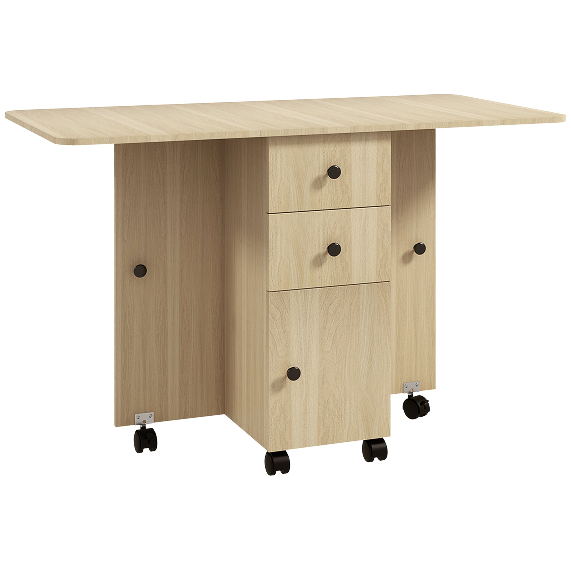 Folding Dining Table Kitchen Table with Wheels Foldable Wings Drawers and Cabinet for 4-6 People 120x60x76.5 cm Natural