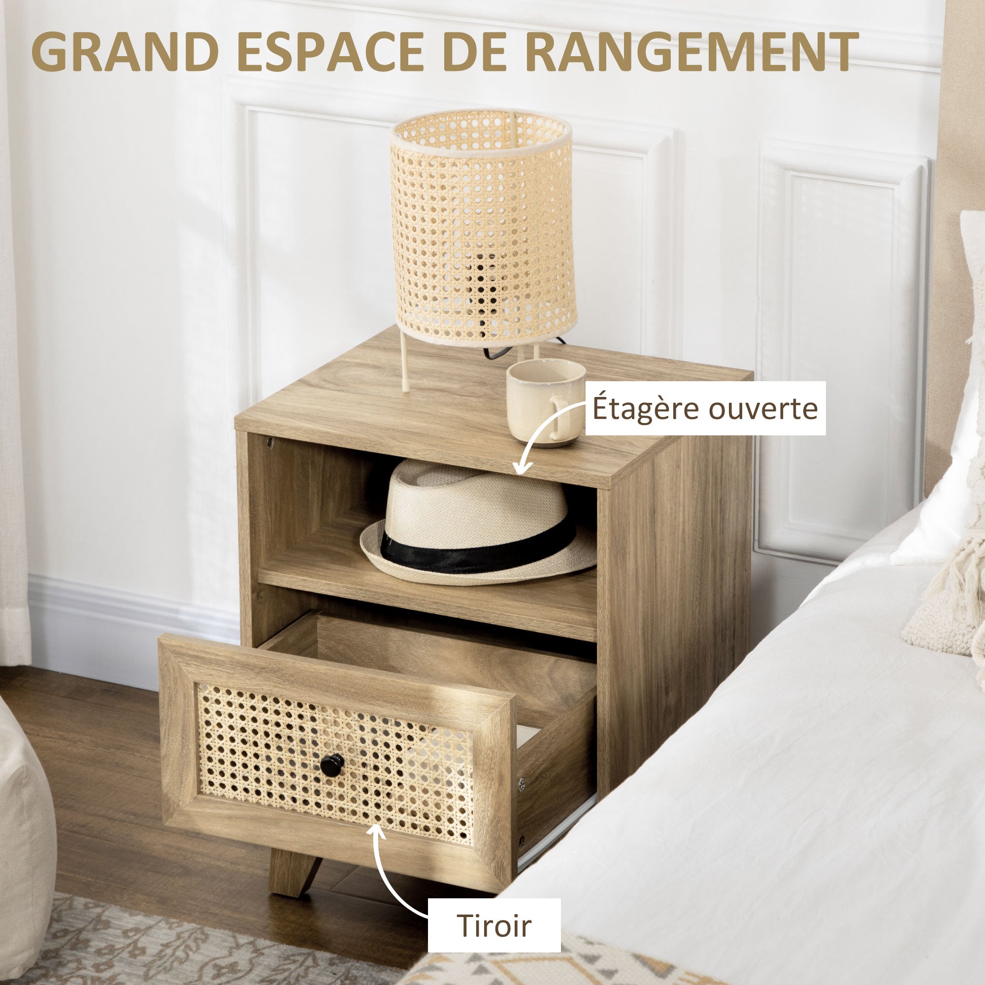 Bedside Table Nightstand Storage Cabinet with Drawer Rattan Cane Door and Vintage Design 45 x 39 x 56.5 cm