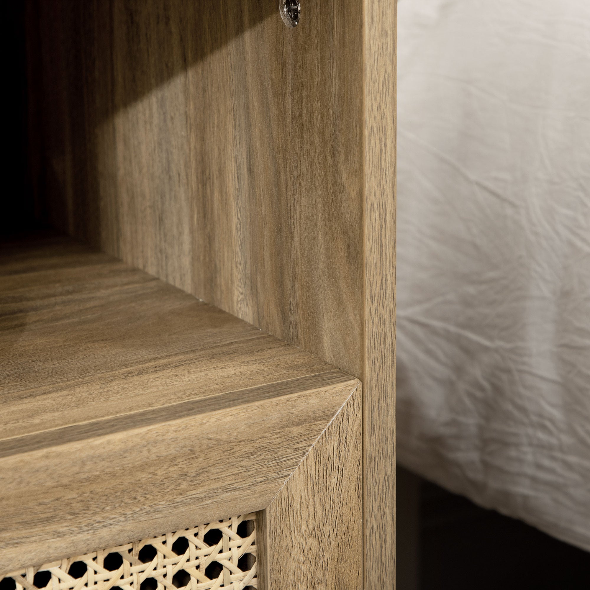 Bedside Table Nightstand Storage Cabinet with Drawer Rattan Cane Door and Vintage Design 45 x 39 x 56.5 cm