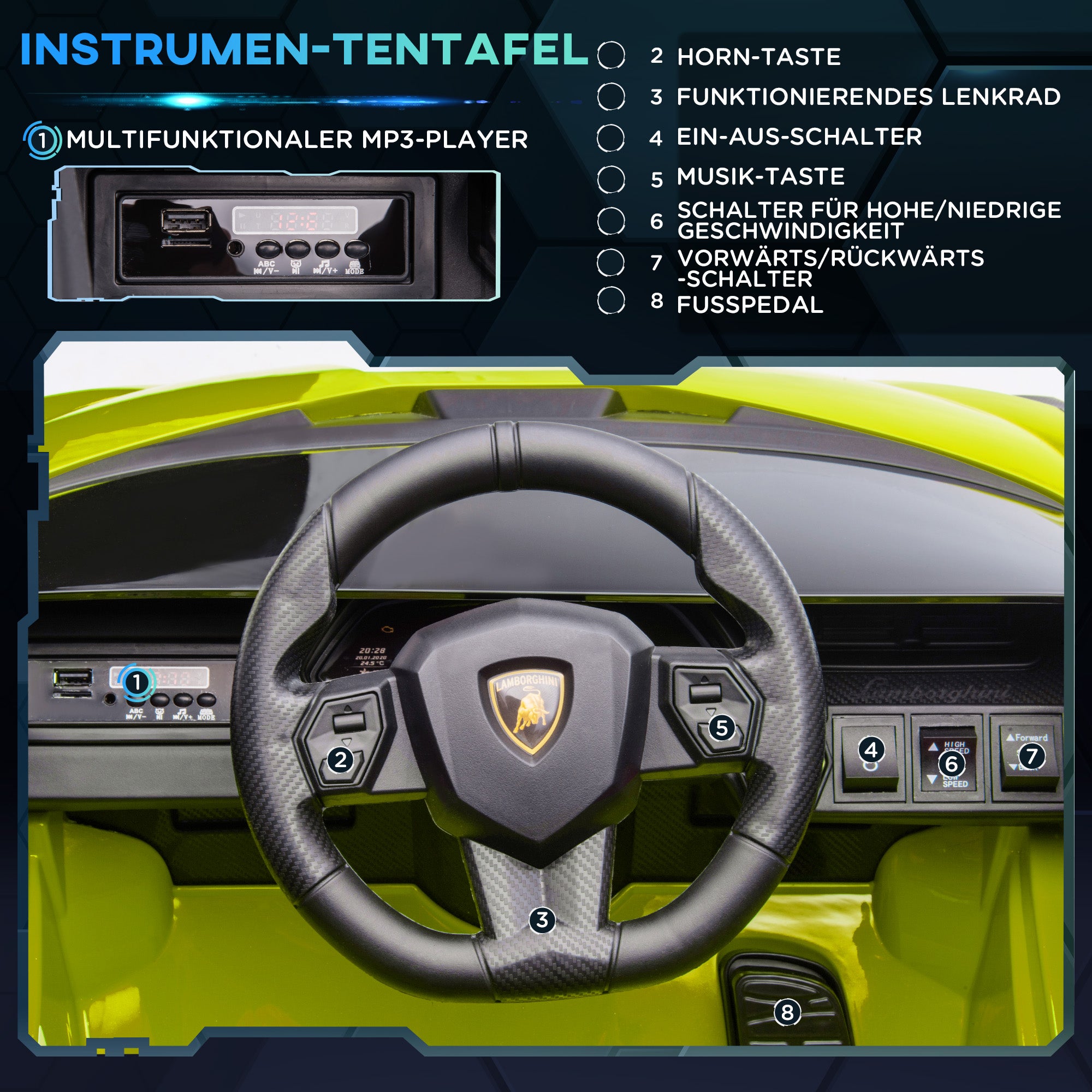 Kids Electric Car 12V 2 Driving Modes Lamborghini SIAN SUV Toy Electric Vehicle with Remote Control Music (MP3/USB) Light 3-5 Years Metal Green 108 x 62 x 40 cm