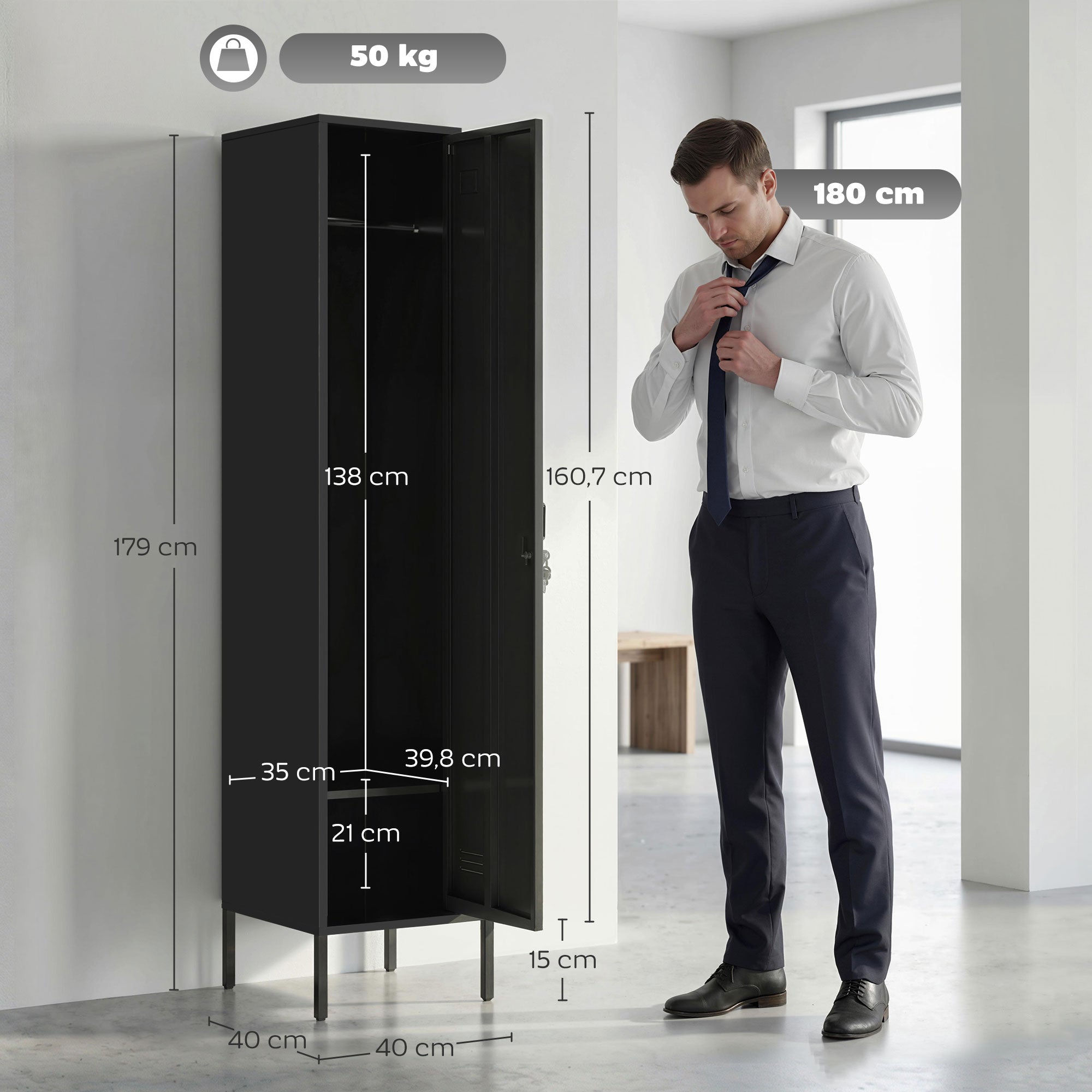 Steel Locker with Lock, Hanging Rail, Label Holder & Ventilated Door, 15.7 x 15.7 x 70.5 in, Black