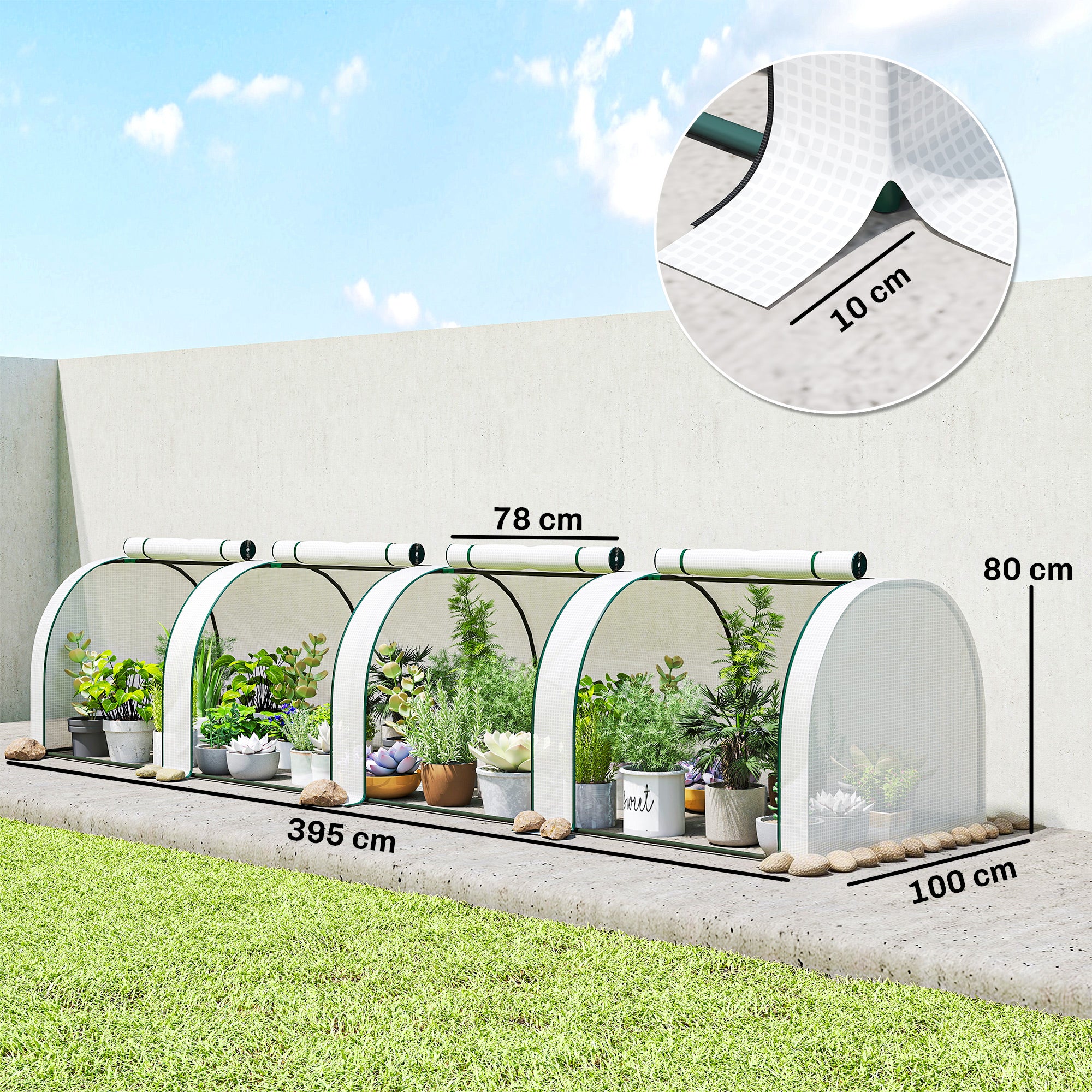 Polytunnel Greenhouse with Roll-Up Zipper Door, Steel Frame — 395 x 100 x 80 cm for Tomatoes & Vegetables (White)