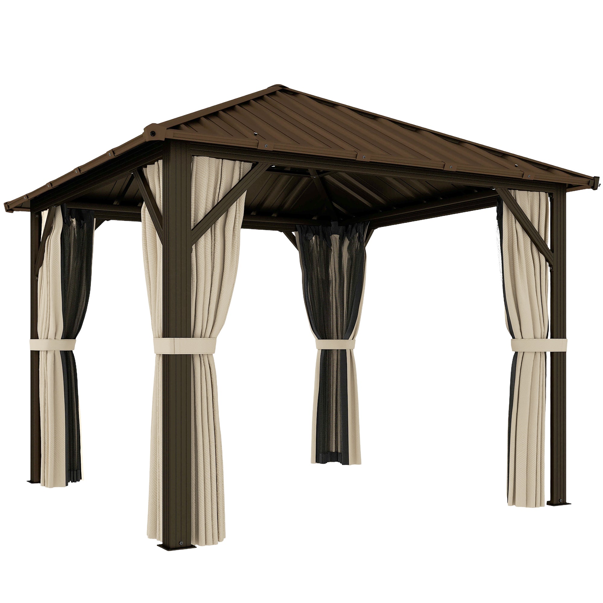 Garden Gazebo ~3 x 3 m Aluminum Gazebo with Steel Hardtop, Mosquito Nets & 4 Side Curtains, UPF50+, Water-Resistant, Stable Outdoor Pergola with Ceiling Hook for Garden & Patio, Brown