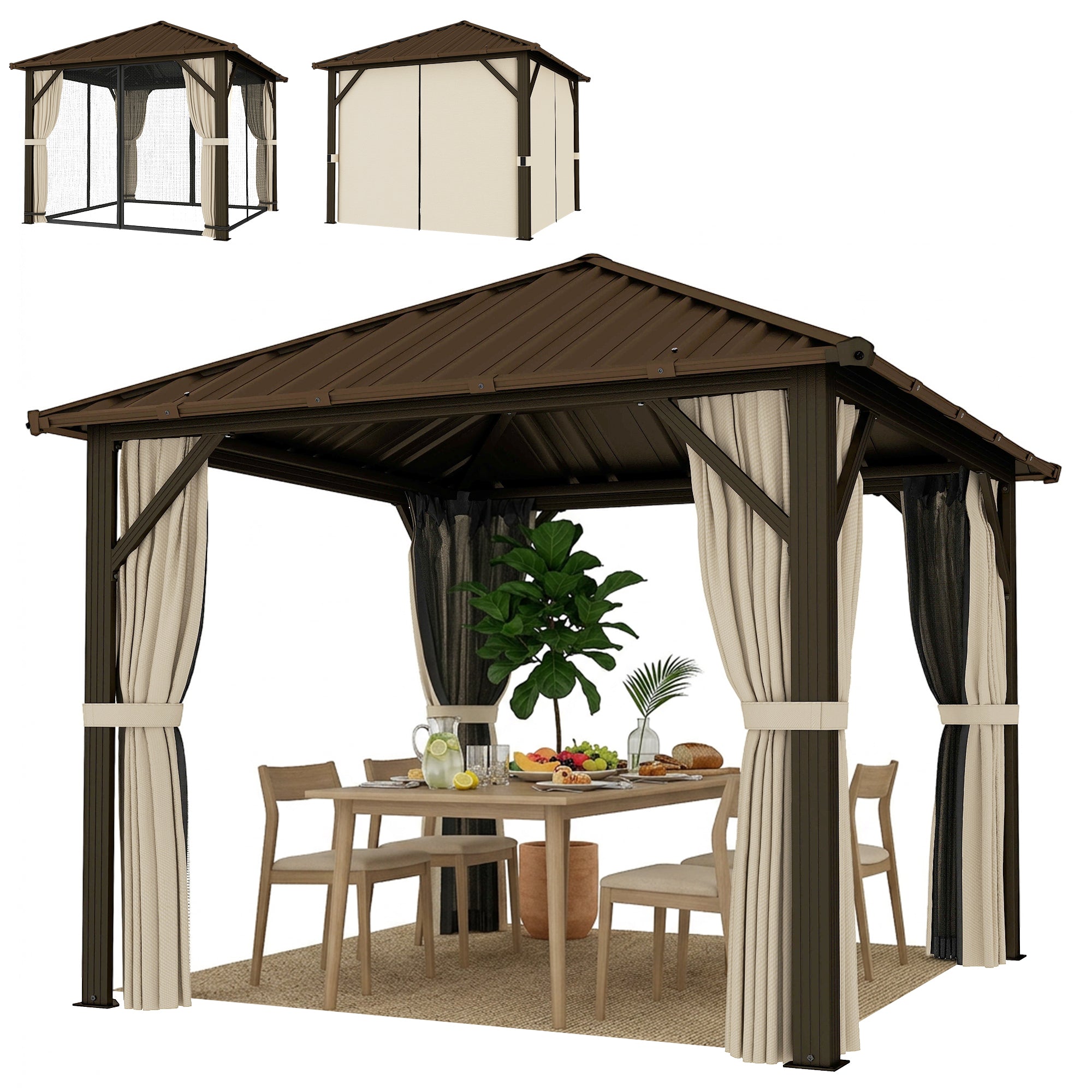 Garden Gazebo ~3 x 3 m Aluminum Gazebo with Steel Hardtop, Mosquito Nets & 4 Side Curtains, UPF50+, Water-Resistant, Stable Outdoor Pergola with Ceiling Hook for Garden & Patio, Brown