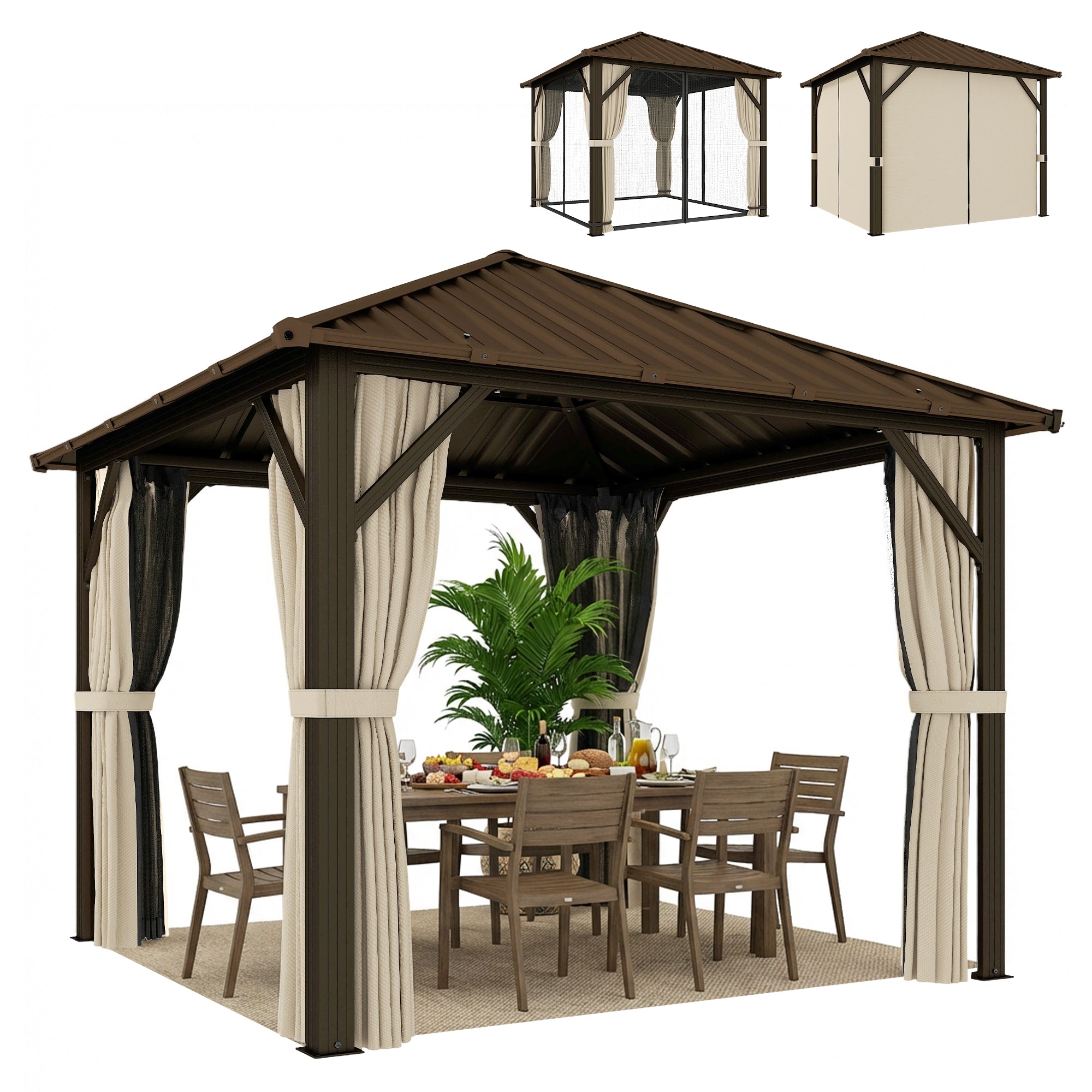 Garden Gazebo ~3 x 3 m Aluminum Gazebo with Steel Hardtop, Mosquito Nets & 4 Side Curtains, UPF50+, Water-Resistant, Stable Outdoor Pergola with Ceiling Hook for Garden & Patio, Brown