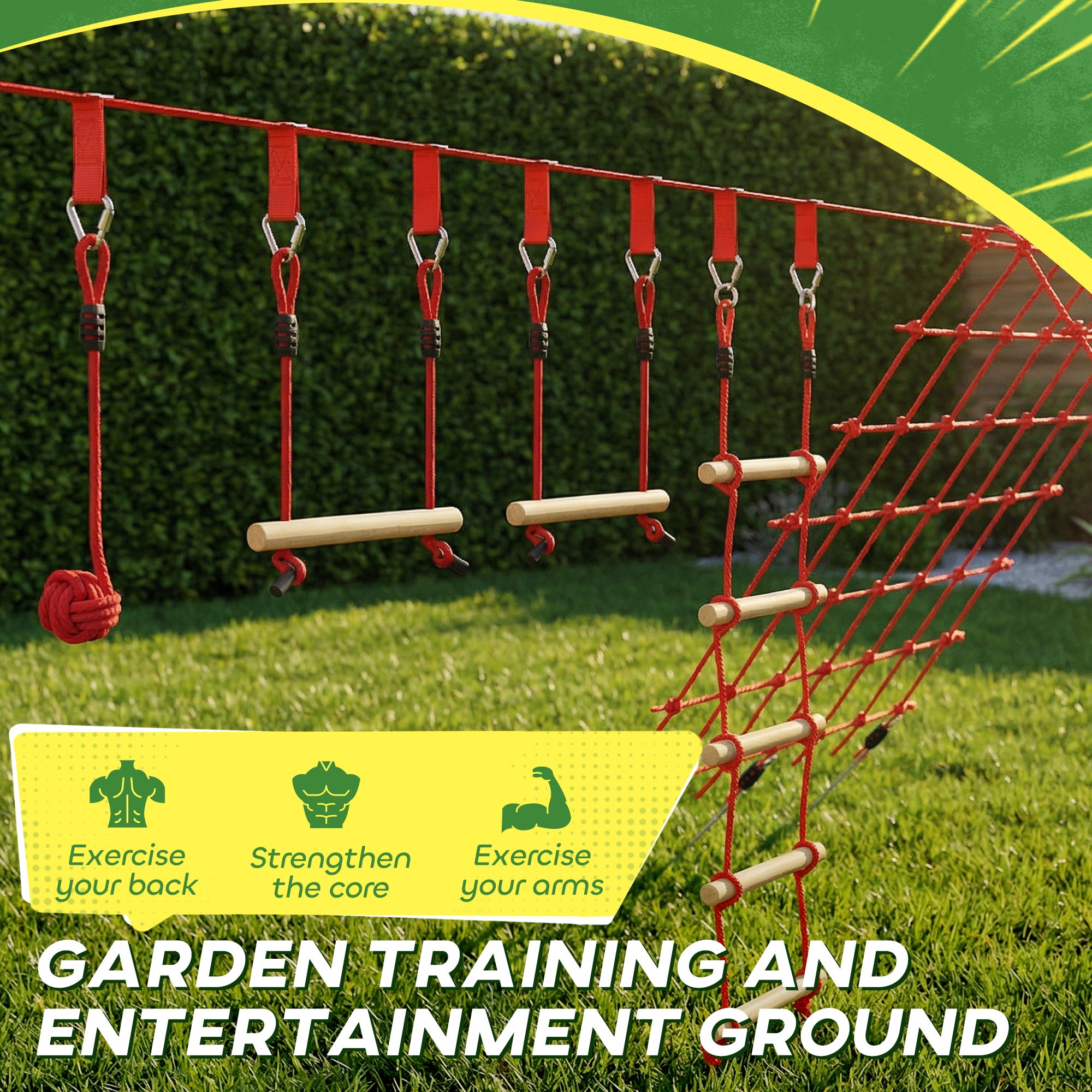 Ninja Line Kids 33 ft (10 m) Slackline Play Set — Rings, Swing, Ladder & Climbing Net — Outdoor Playset for Ages 3–6, Red