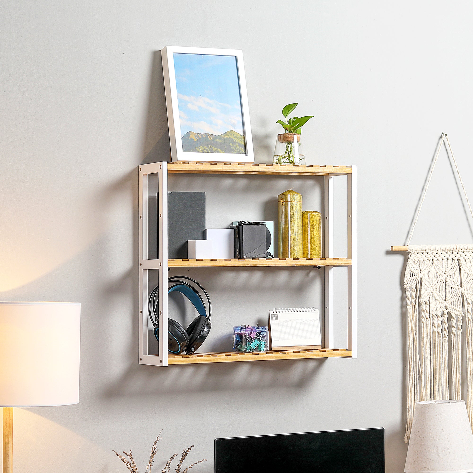Bamboo Wall Shelf 3-Tier Floating Shelf for Living Room Bedroom Kitchen Bathroom 60x15x54 cm Natural and White