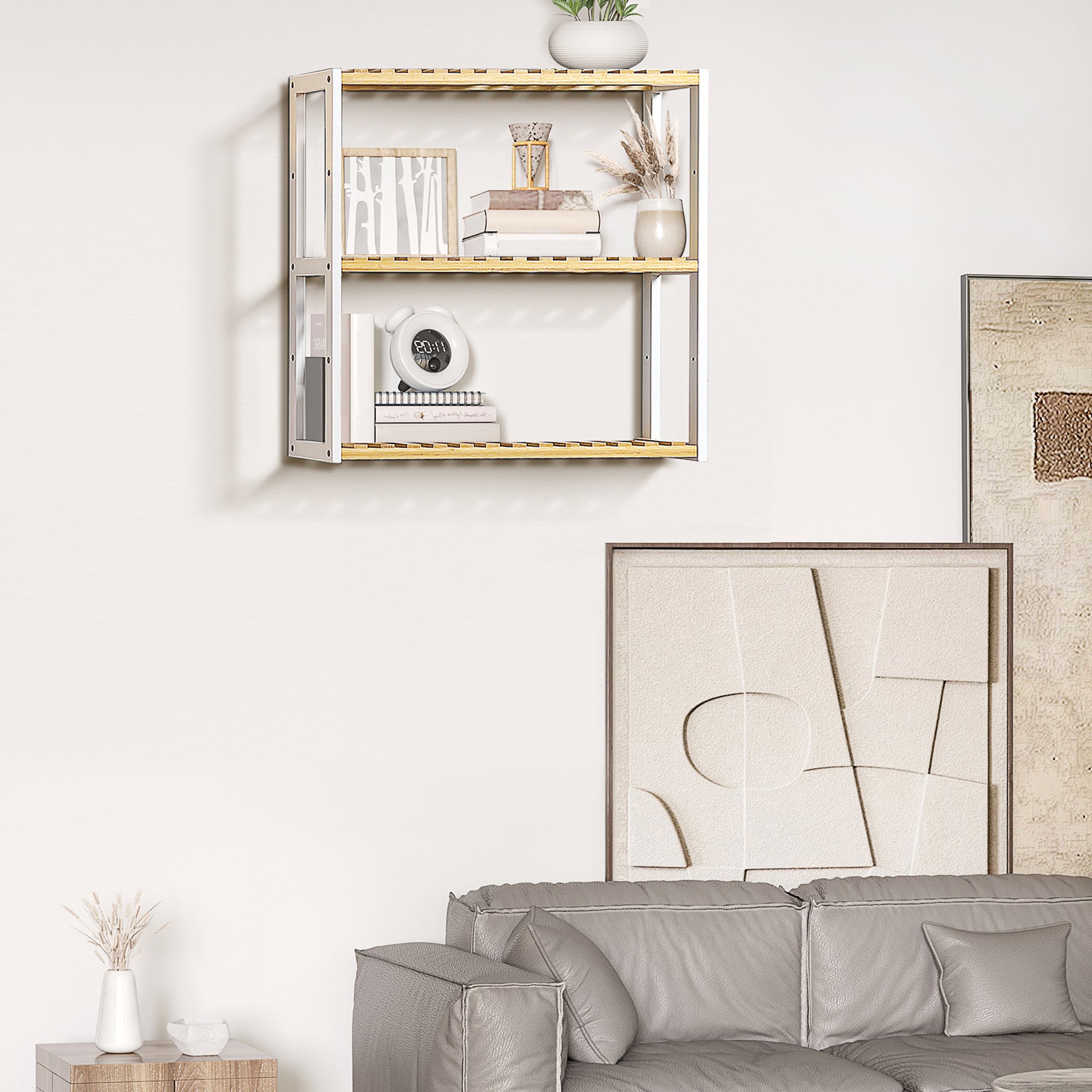 Bamboo Wall Shelf 3-Tier Floating Shelf for Living Room Bedroom Kitchen Bathroom 60x15x54 cm Natural and White