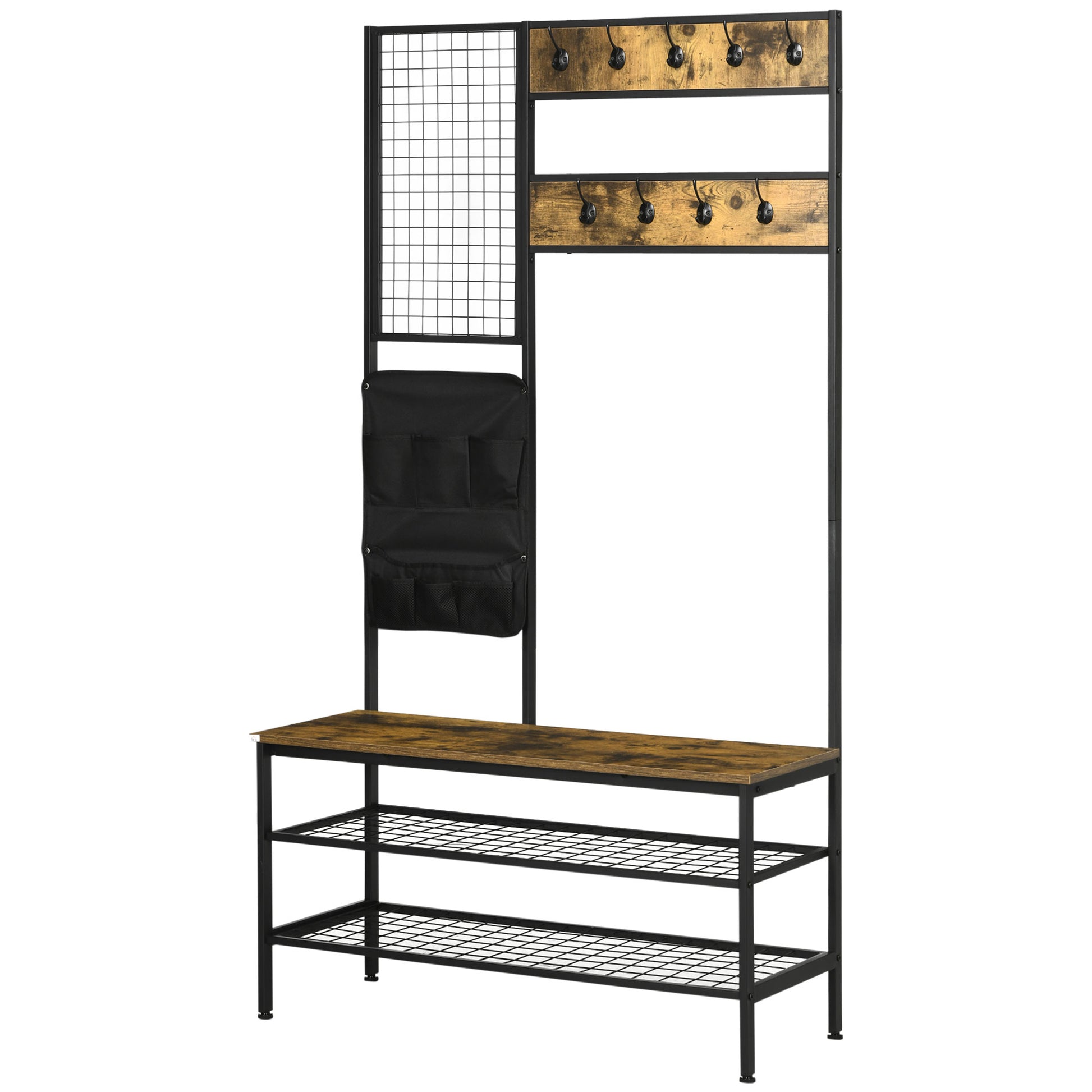 Wardrobe Stand with Bench, Clothes Rack with Hooks, Shoe Rack, Wardrobe with Carrying Bag, Coat Rack for Entryway, Hallway, Steel, Rustic Brown
