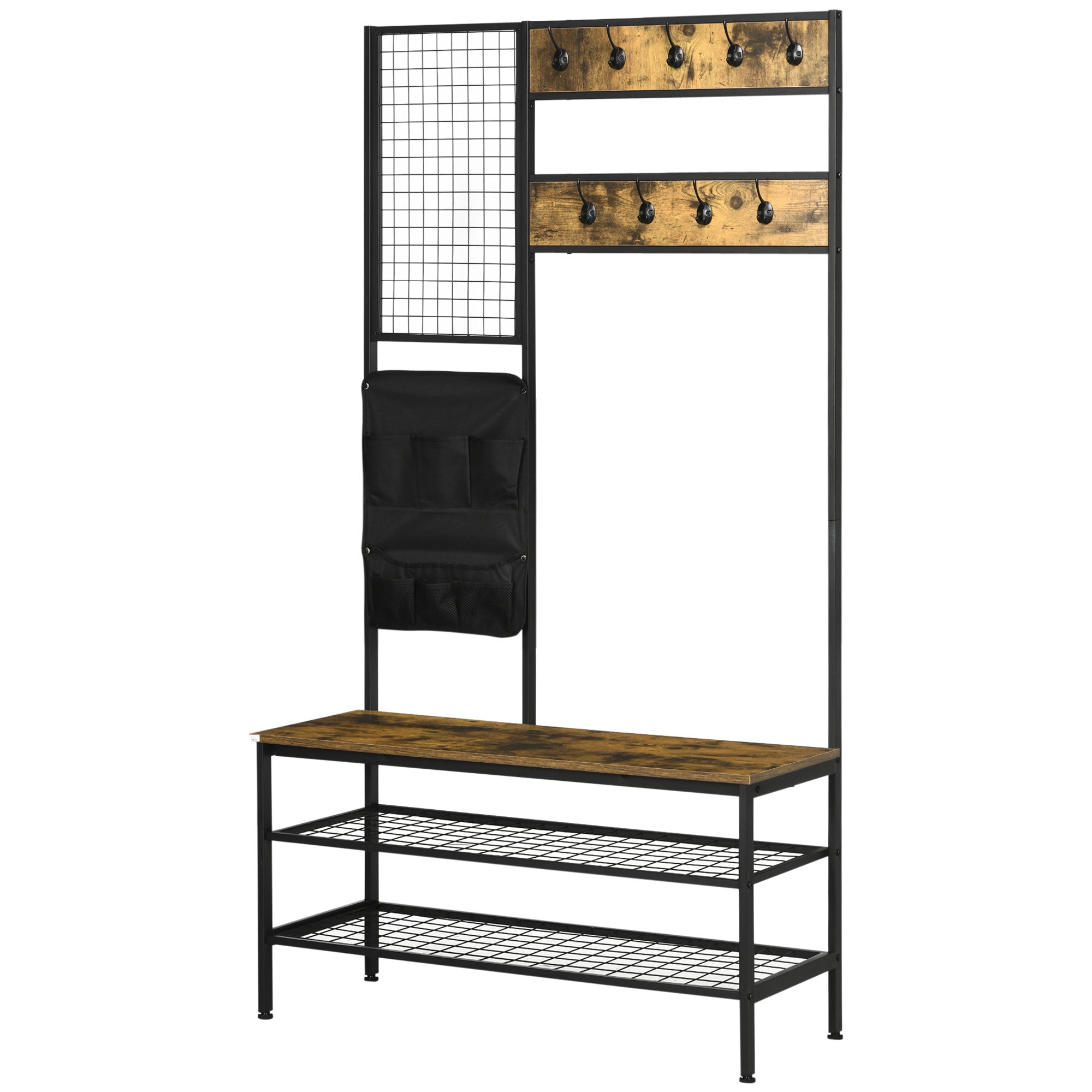 Wardrobe Stand with Bench, Clothes Rack with Hooks, Shoe Rack, Wardrobe with Carrying Bag, Coat Rack for Entryway, Hallway, Steel, Rustic Brown