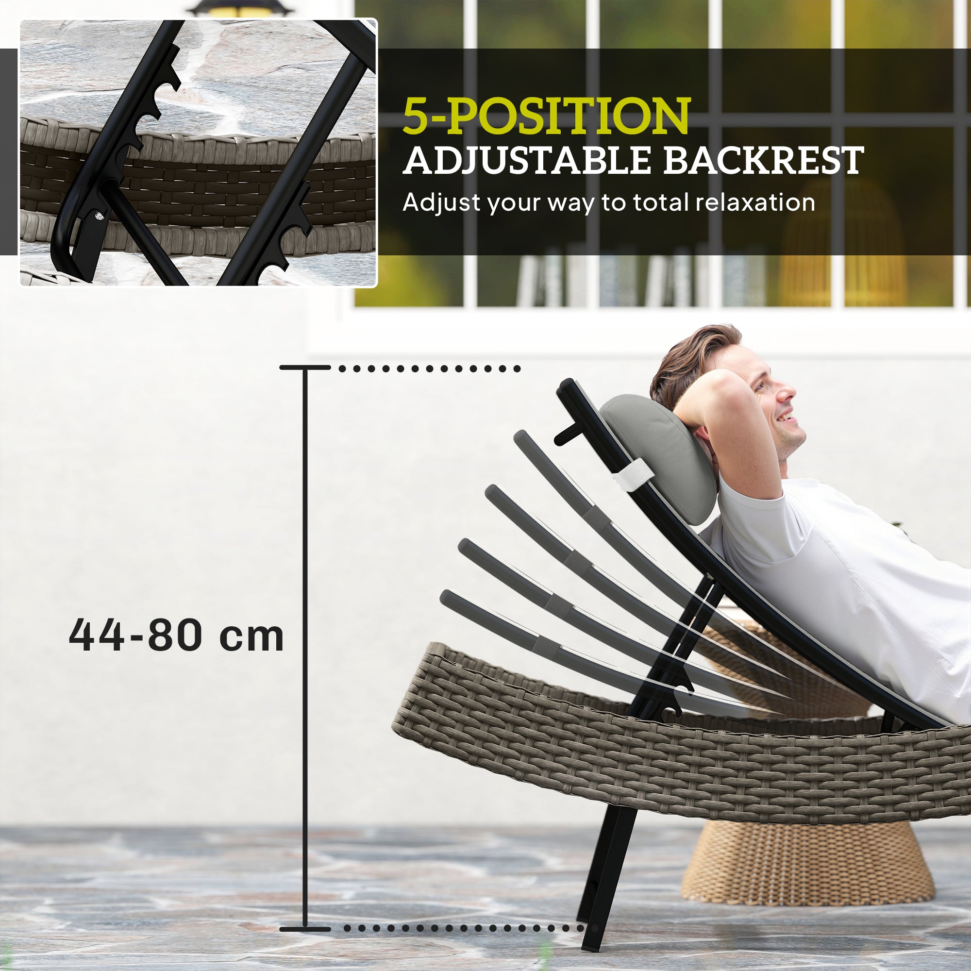 S-Shape Poly Rattan Sun Lounger — 5-Position Adjustable Recliner with Headrest, Breathable UV-Resistant Mesh, Weatherproof Outdoor Rattan Chaise — Light Gray
