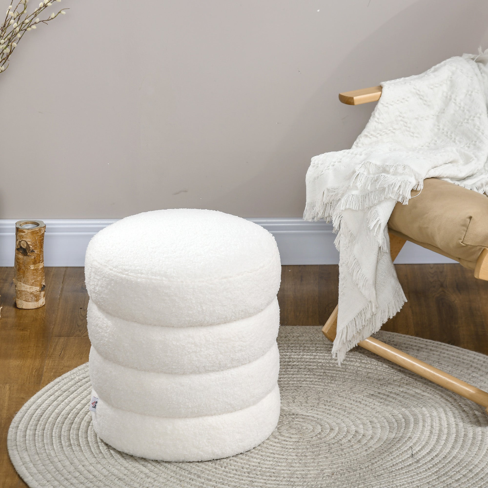 Ottoman Ottoman Ottoman with Teddy Velvet Look Footstool Ottoman for Bedroom, Living Room, Cream White, Ø40 x 45 cm