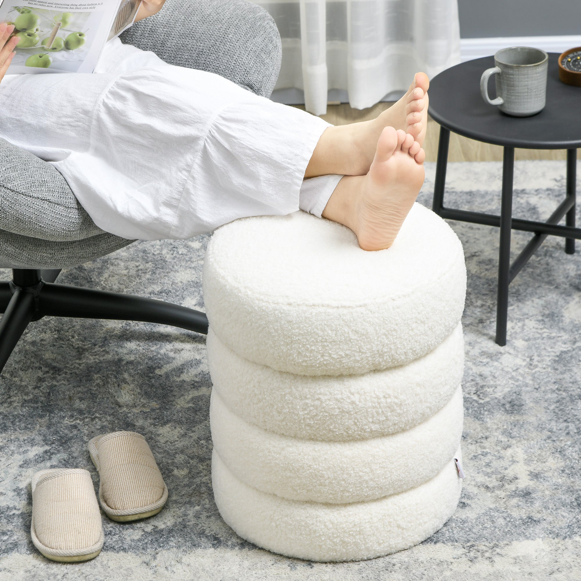 Ottoman Ottoman Ottoman with Teddy Velvet Look Footstool Ottoman for Bedroom, Living Room, Cream White, Ø40 x 45 cm