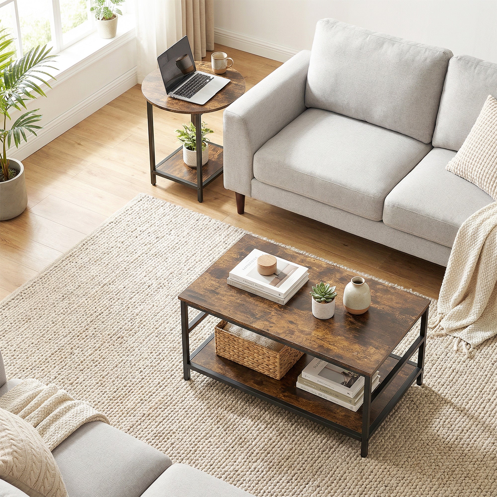 2-Piece Coffee & Side Table Set with Shelves, Modern Rustic Brown Living Room Tables with Black Steel Frame