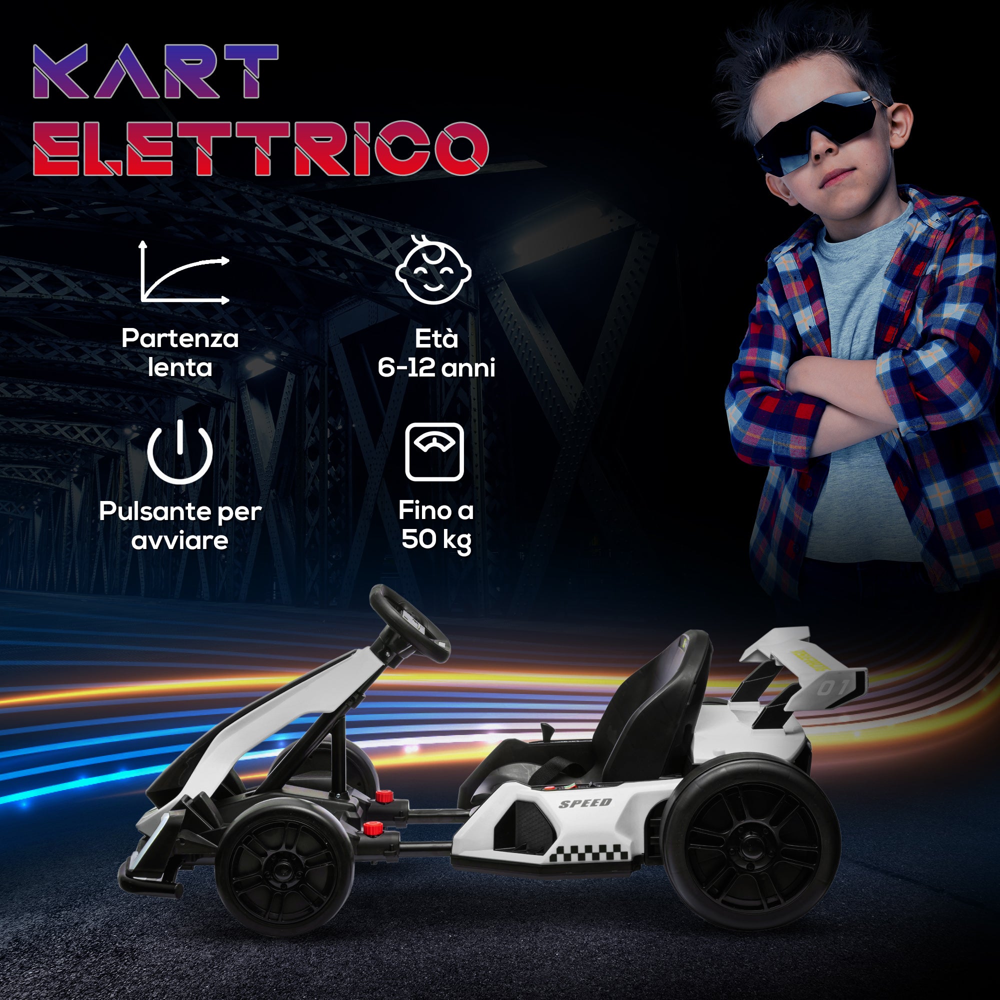 Electric Go-Kart for Children 6-12 Years 24V 12km/h with Adjustable Seat, Drift Go-Kart with Horn, Lights and Music, White