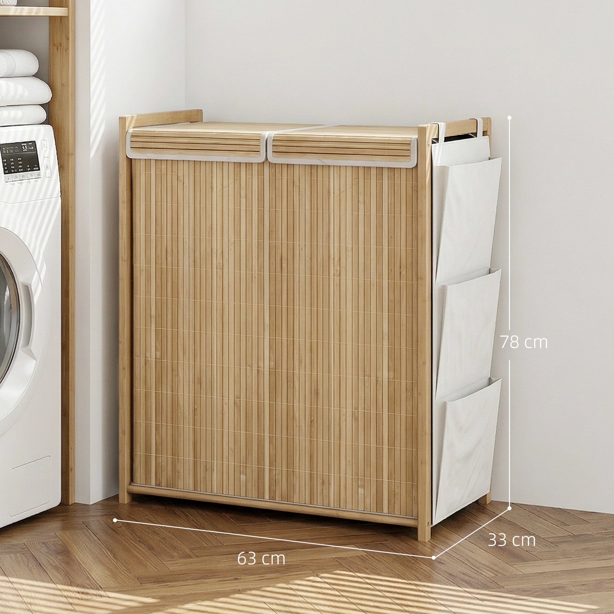 120L Bamboo Laundry Hamper with Lid, 2 Compartments, Removable Drawstring Washable Liners, Side Pockets, 24.8 x 13.0 x 30.7 in, Natural