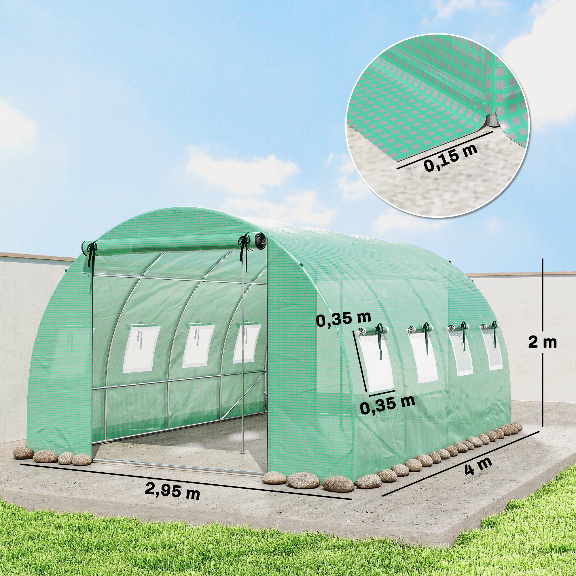 Tunnel Garden Greenhouse, approx. 129 sq ft (12 m²) — 295 × 400 × 200 cm (approx. 9 ft 8 in × 13 ft 1 in × 6 ft 7 in), Galvanized Steel Frame, 2 Roll-Up Doors & 8 Mesh Windows, High-Density 140 gsm PE Cover — Green
