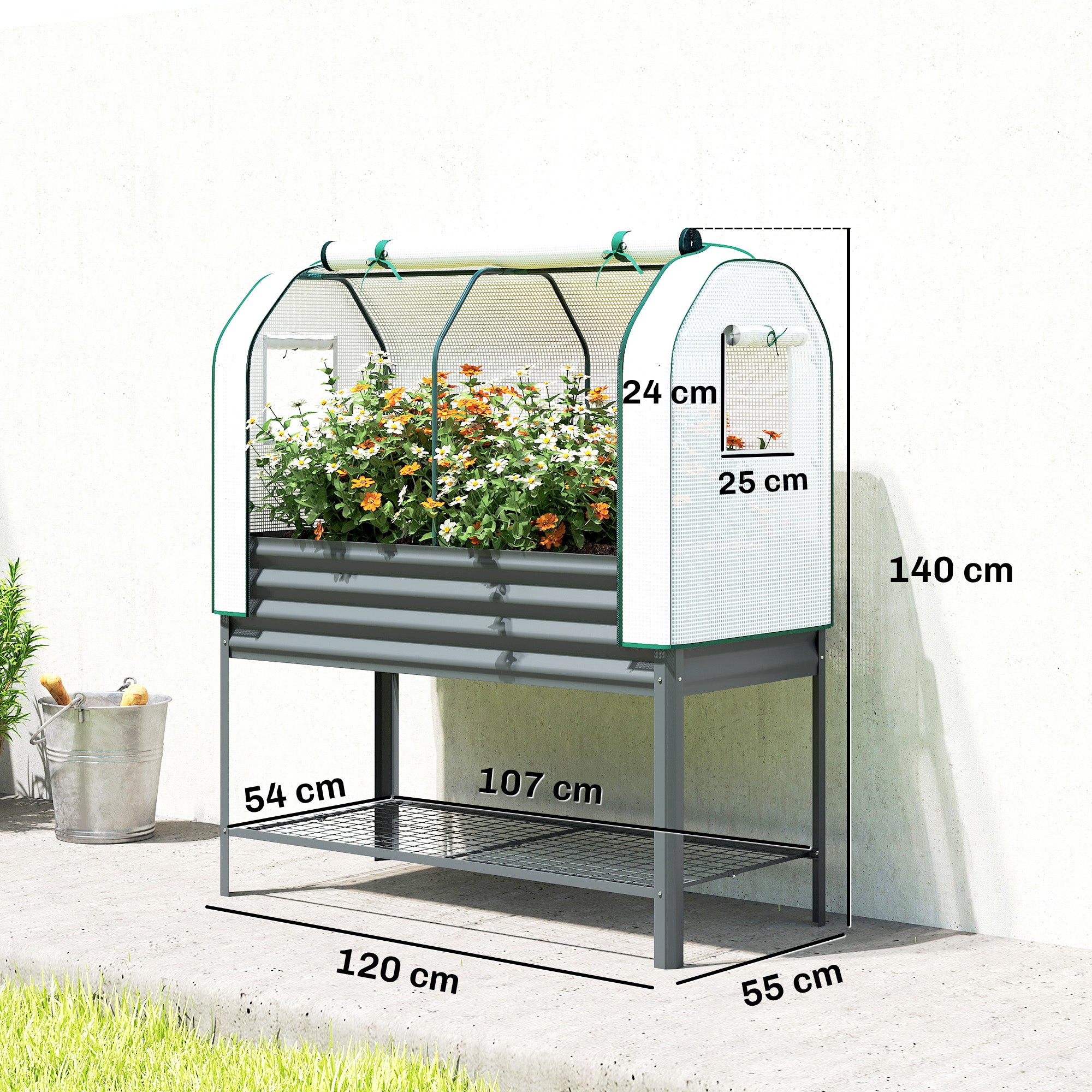 Elevated Planter with PE Greenhouse Cover — Metal Raised Garden Bed with Greenhouse, 167 L (44.1 gal) with Liner & Lower Shelf, for Plants, Flowers & Vegetables, 47.2 x 21.7 x 55.1 in (120 x 55 x 140 cm), Dark Gray