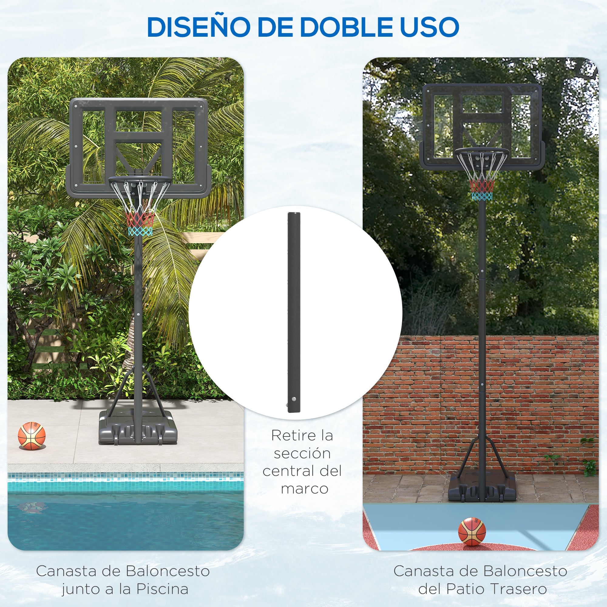 SPORTNOW Outdoor Basketball Hoop 2 in 1 with Adjustable Height 230-305 cm Swimming Pool Basketball Hoop with Stand Basketball Hoop with Wheels Refillable Base Black
