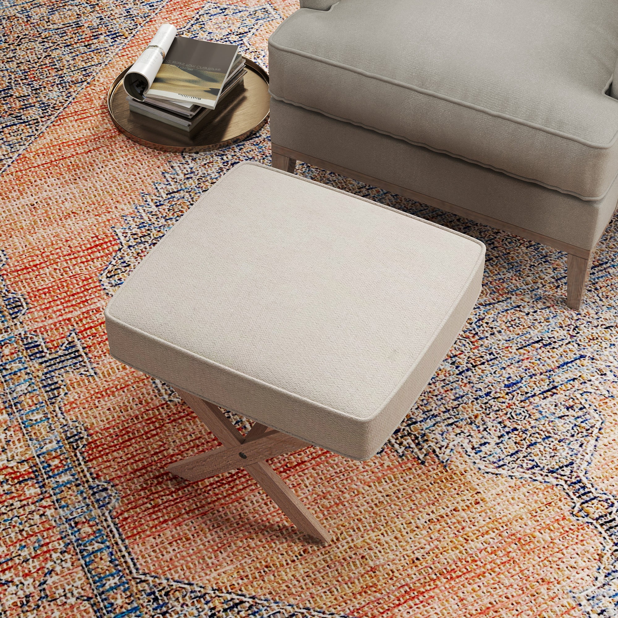 Footstool Round Stool with Soft Seat Cushion, Wooden Legs Footstool with Linen Look Anti-Slip Padding Ottoman for Bedroom, Living Room, Beige