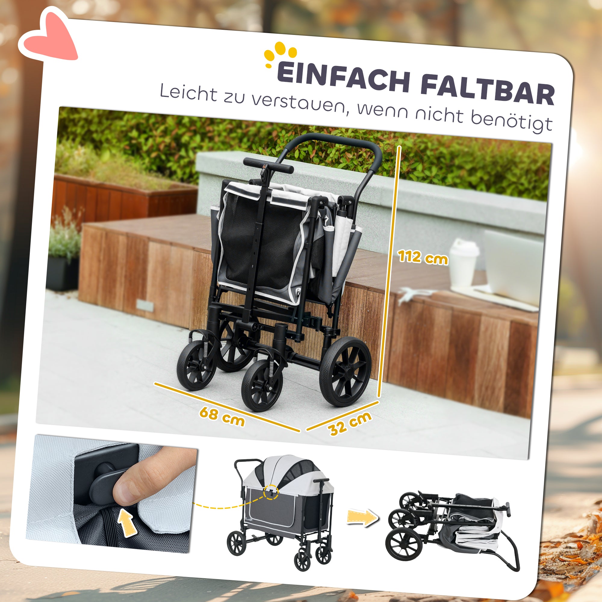 2 in 1 Dog Cart Dog Buggy Foldable for Dogs & Cats up to 30 kg Wagon with Cushion Mesh Windows 2 Doors Storage Bag Cat Cart Buggy Dark Gray