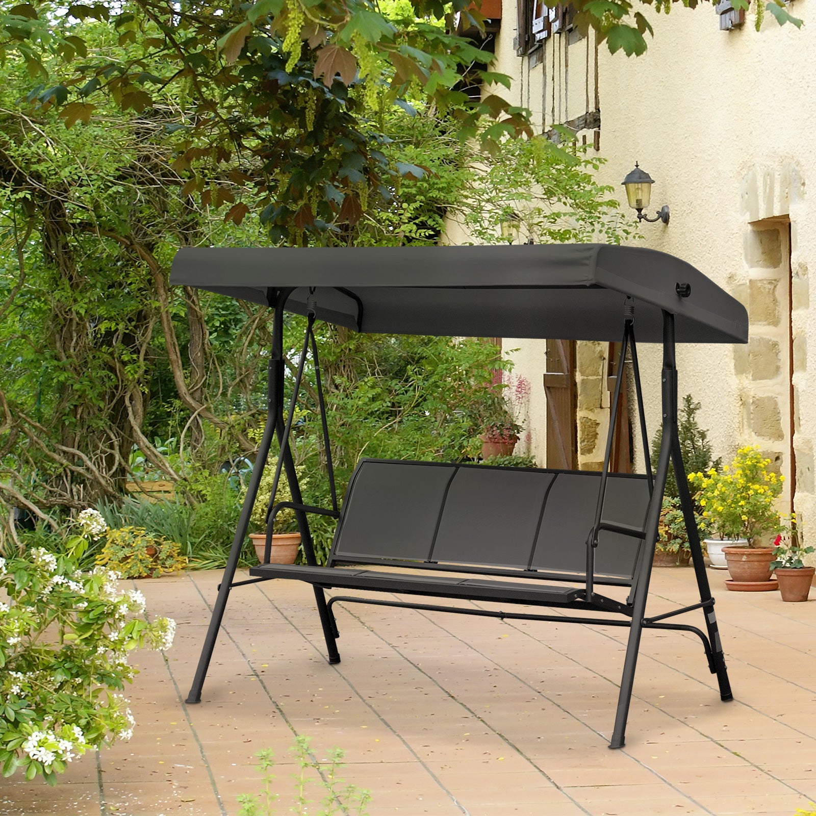 3-Seater Grand Confort Garden Swing Adjustable Sun Canopy Ergonomic Seat and Backrest Epoxy Resin Steel Textilene Black