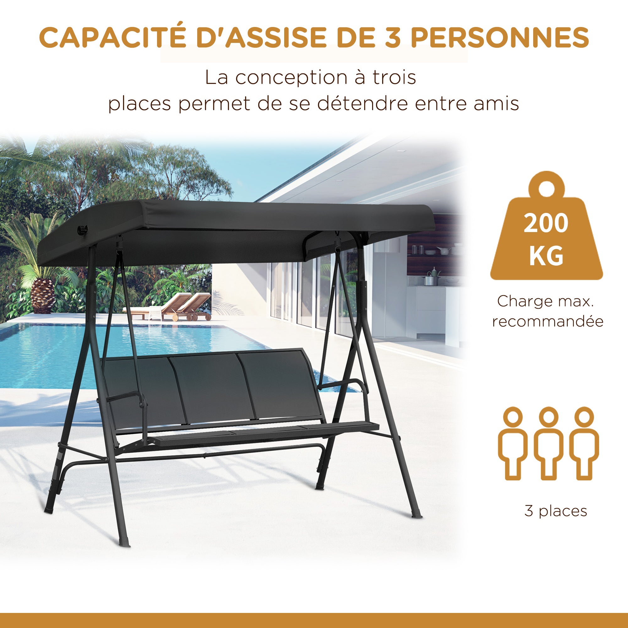 3-Seater Grand Confort Garden Swing Adjustable Sun Canopy Ergonomic Seat and Backrest Epoxy Resin Steel Textilene Black