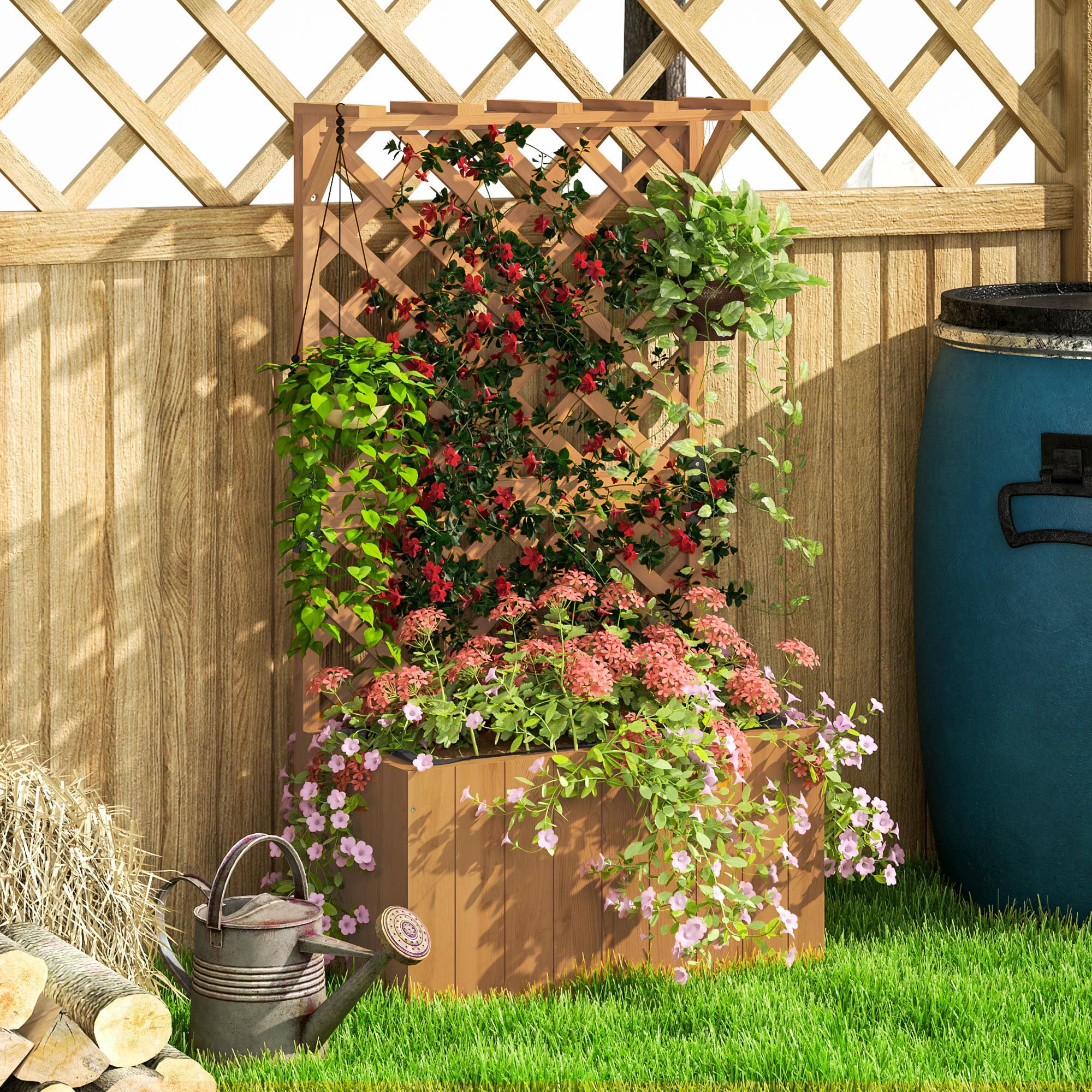 Raised Bed Planter with Trellis Roof Flower Pot Wooden, Garden Trellis 64 x 33 x 122cm for Garden Balcony Terrace, Flower pot for Climbing Plants Basket Plants, Flowers