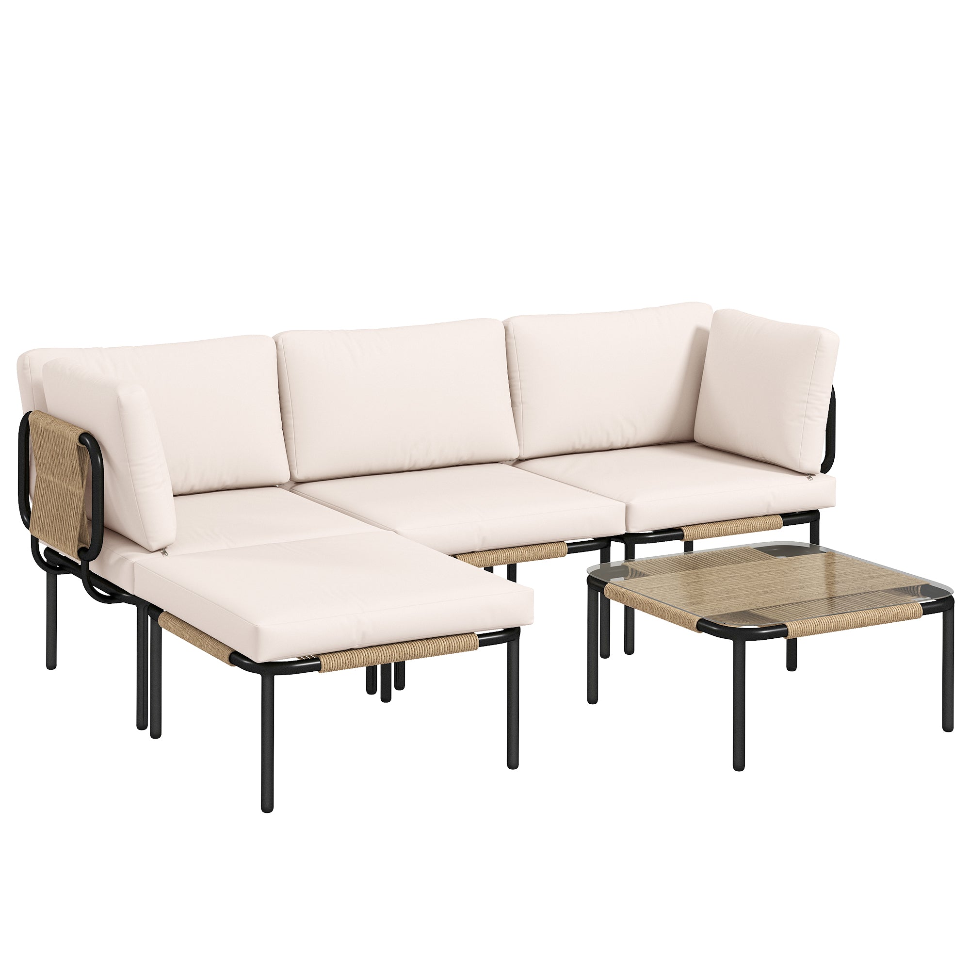 PE Rattan 5-Piece Garden Furniture Set – Modular L-Shaped Lounge with 3 Chairs, Glass Table, Ottoman & Removable Cushions, Khaki