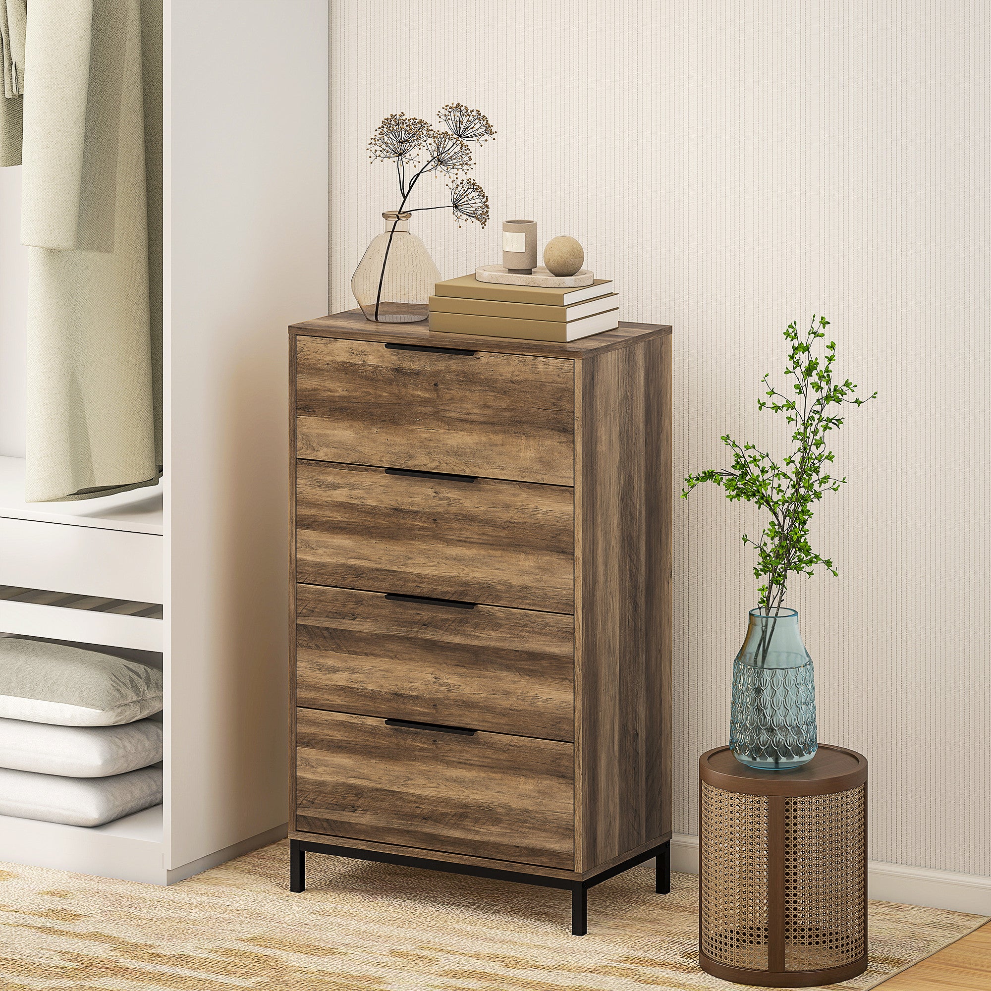 Cómoda de 4 Cajones Cómoda para Dormitorio Alta con Tiradores Metálicos Cajonera Estrecha para Salón Pasillo 62x35x105 cm Natural