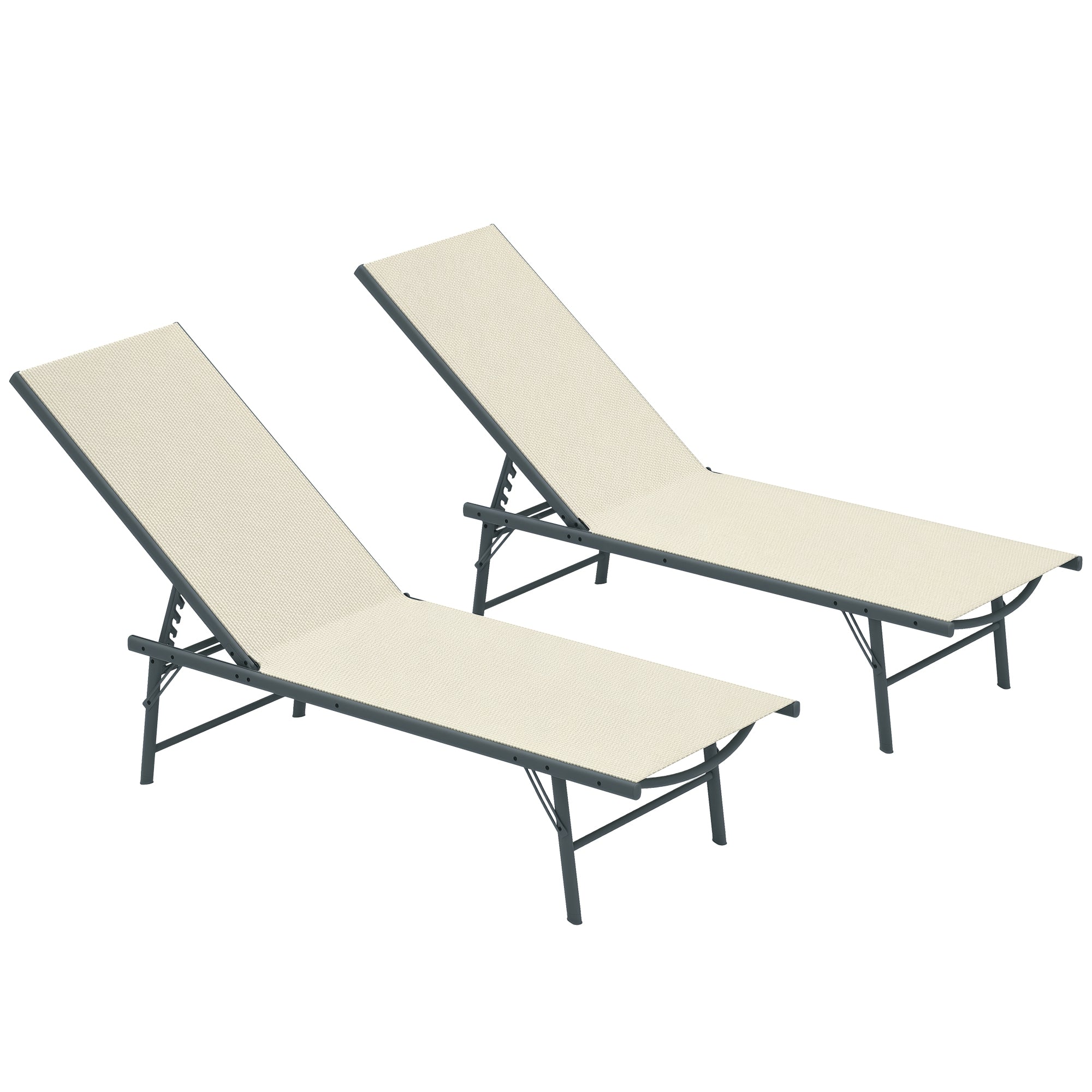 Pack of 2 Garden Loungers Outdoor Foldable Reclining Sun Loungers in 5 Positions with Metal Frame and Breathable Mesh Seat for Beach Pool 164x54x84 cm Cream