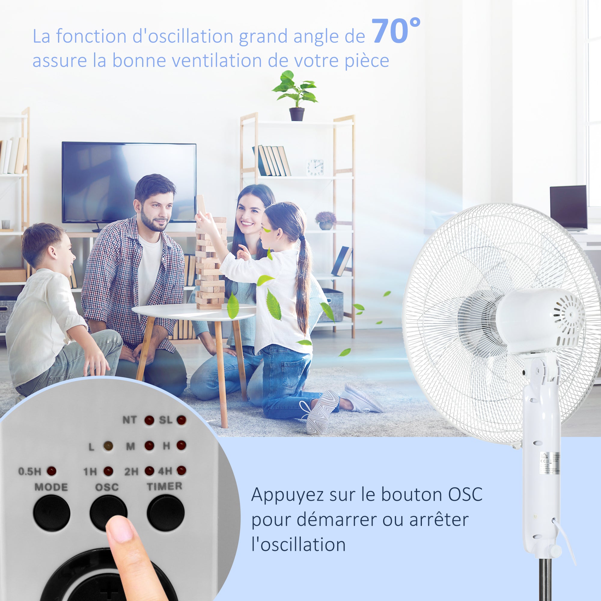 Powerful 45 W Pedestal Fan, Adjustable Height Fan 110-124 cm, Remote Control, 5 Blades of 40 cm, 3 Modes and 3 Speeds, 70° Oscillation and Timer, White